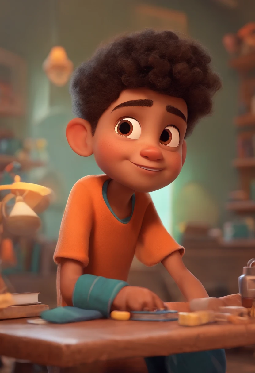 Image of a boy for a story in a YouTube video in Pixar format, He's the little allabester, He's the class leader, He's outgoing, Playful and gets up for a lot of things, cabelo curto