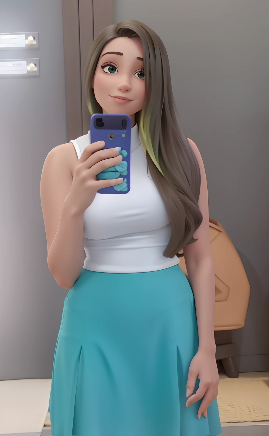 mulher arafed tirando uma selfie em um espelho em um banheiro, usando uma regata e saia, teal skirt, usando saia branca, foto da roupa, uma saia azul, Mulher de 30 anos, 3 0 anos de idade mulher, vestido com um top e shorts