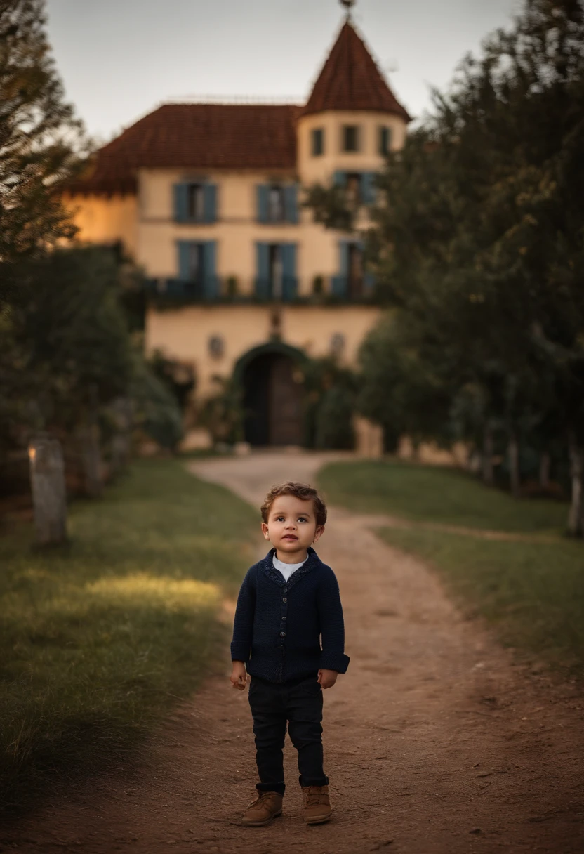 : Miguel, aproximadamente 5 anos de idade, cabelo curto estilo Disney, olhos castanhos e sorrisos. garota: Giovana, 2 anos, longos cabelos pretos e olhos azuis. scenecy: Miguel and Giovana are in a cozy little house in the valley, ao fundo um dia ensolarado, Destacando o Sol.