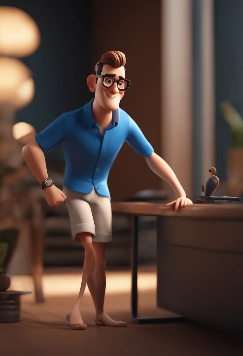 Cartoon character of a man wearing black glasses and a blue shirt, um personagem animado, Caractere estilizado, animation style rendering, 3D estilizado, Arnold Maya render, 3 d render stylized, toon render keyshot, Personagem 3D, Personagem 3D, 3d rendering stylized, 3 d character render, personagem de desenho animado, Personagem de close up, Pose de personagem, (Estilo Pixar) (master part:1.2) (Bokeh) (best quality) (pele detalhada) (textura detalhada) (8k) (argila) (Cinematic lighting) (foco nítido,Senta e vaza a parte superior do corpo