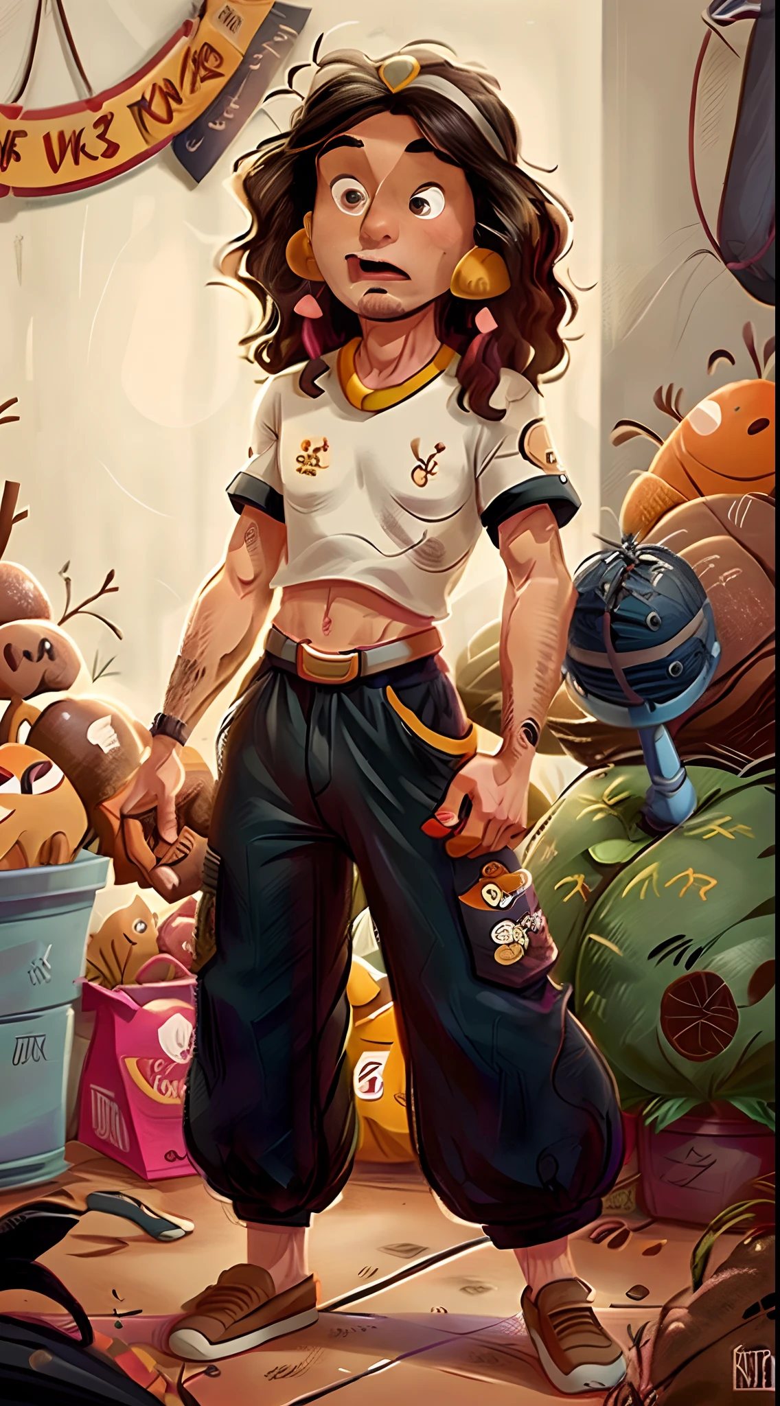 Make a Disney Pixar-style poster with a Supermarket announcer theme, dentro de um supermercado, ao fundo uma placa grande oval horizontal escrita:Varejao Chocobalas,with microphone in hand, moreno, musculoso, peludo,barba, 1,67 de altura, 35 anos, olhos pretos, cabelo preto, quase sem cabelo, sombrancelas grossa, com fardamento blusa social amarelamanga curta, black dress pants, sapato social preto, com o nome Varejao Chocobalas bordado no bolso no lado esquerdo da blusa.