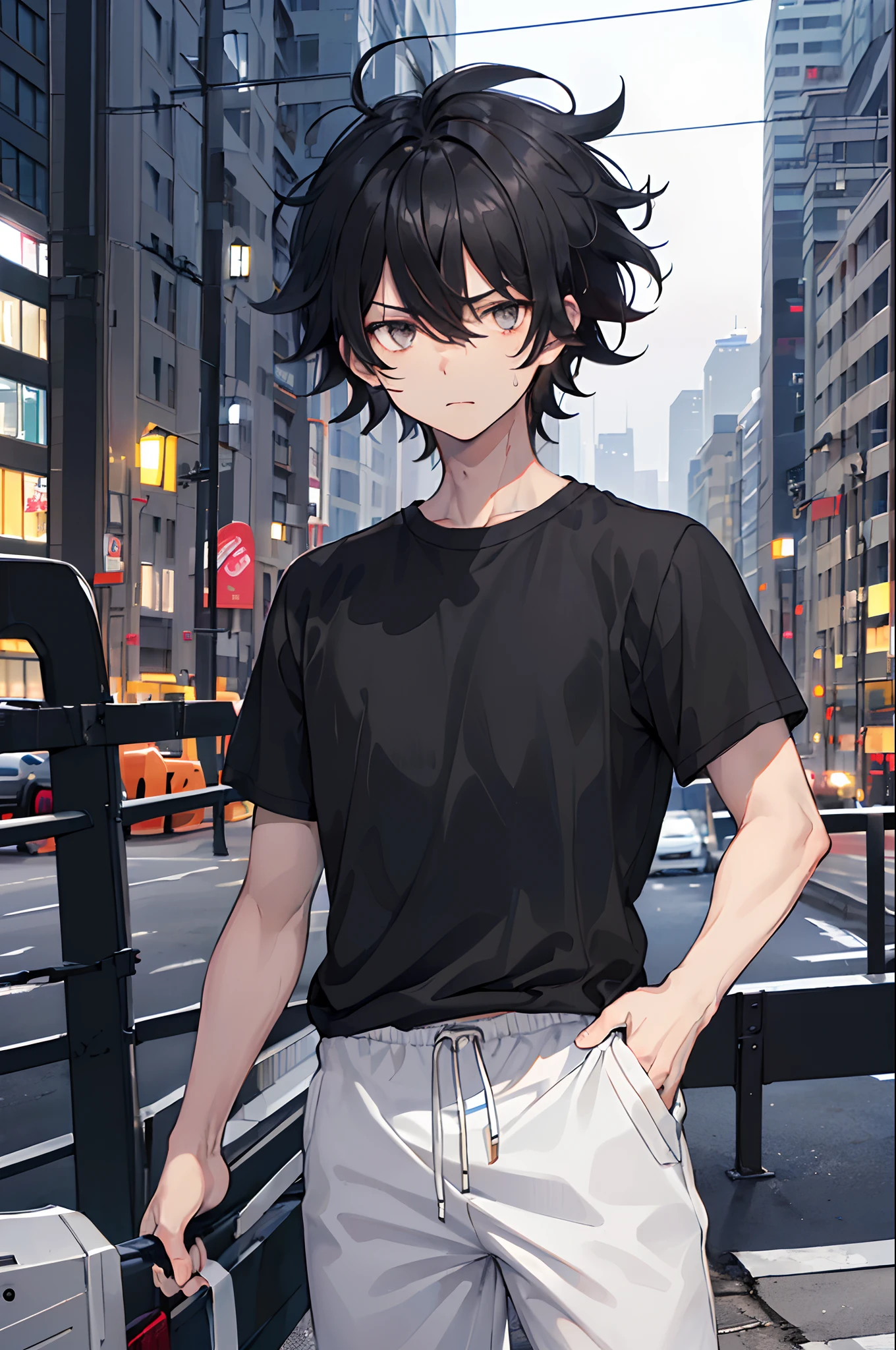 ((Man)), ((black hair)), ((messy hair)), short hair, ((silver eyes)), seriously face, black shirt, sweatpants, night city in background, natural body, white tennis, subititles: Danados.