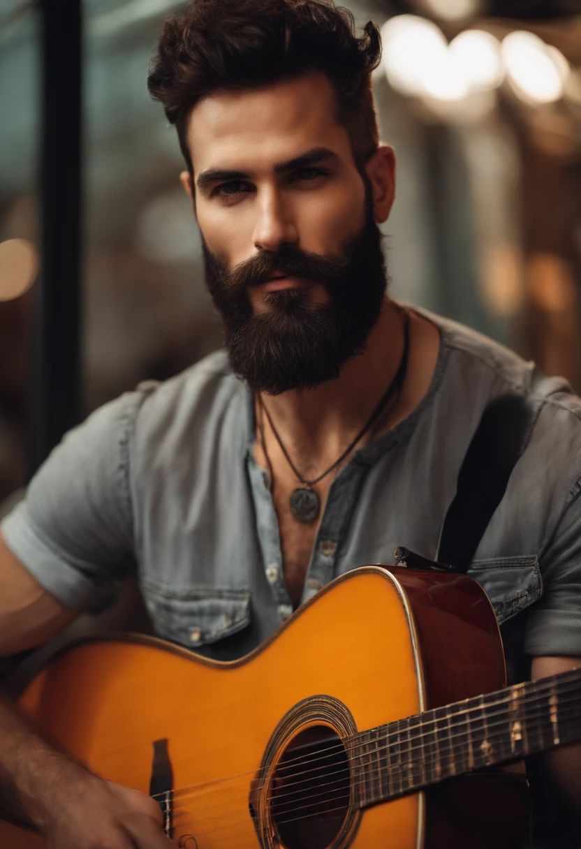 a tall guy, strong guitarist with dark brown beard, short dark brown hair, cheerful rocker, handsome, wears earrings and bracelets
