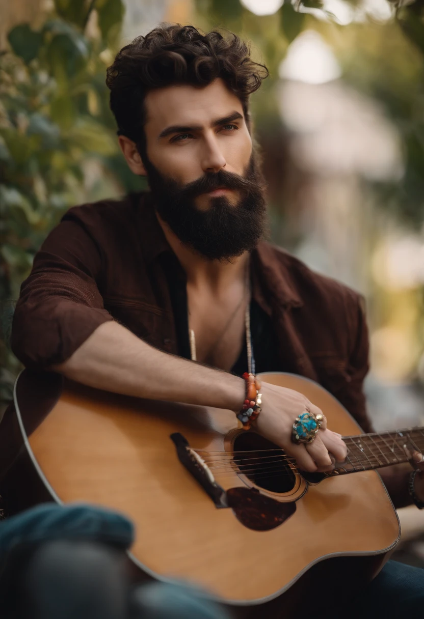 a tall guy, strong guitarist with dark brown beard, short dark brown hair, cheerful rocker, handsome, wears earrings and bracelets