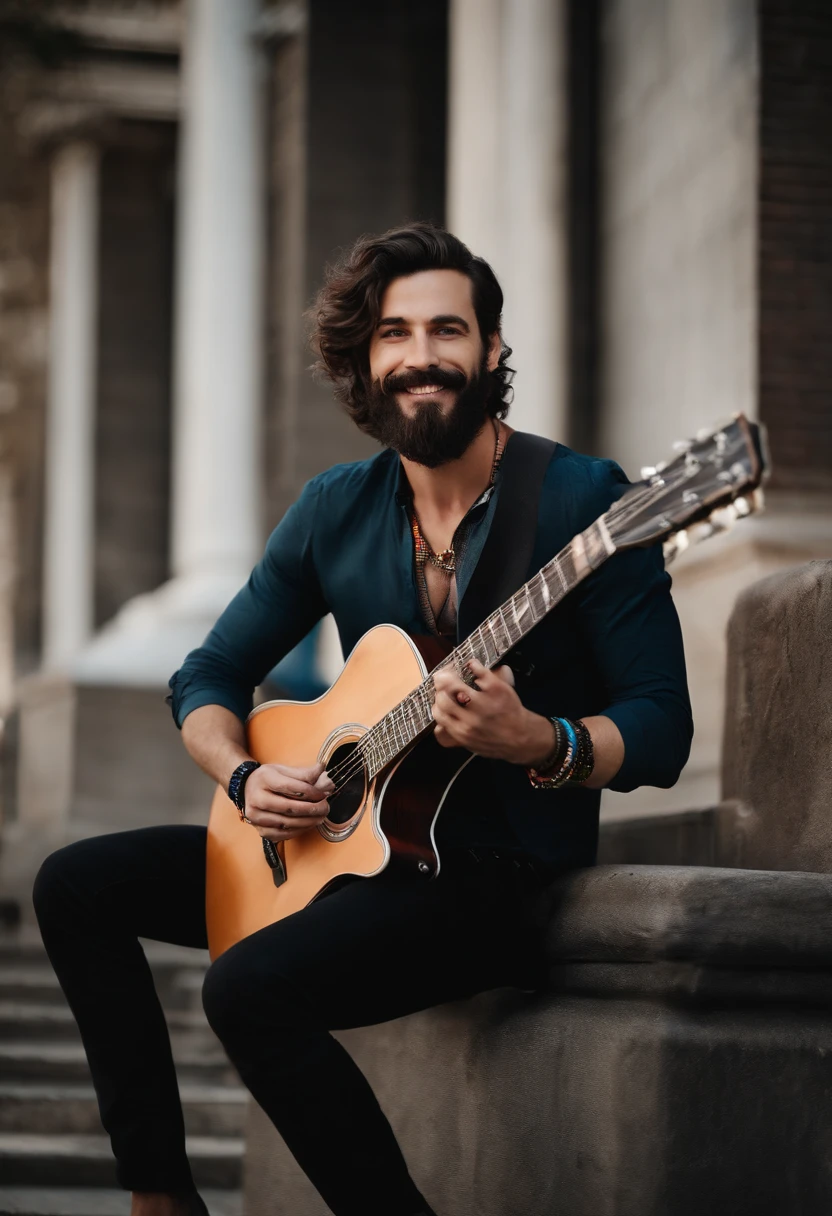 a tall guy, strong guitarist with dark brown beard, short dark brown hair, cheerful rocker, handsome, wears earrings and bracelets