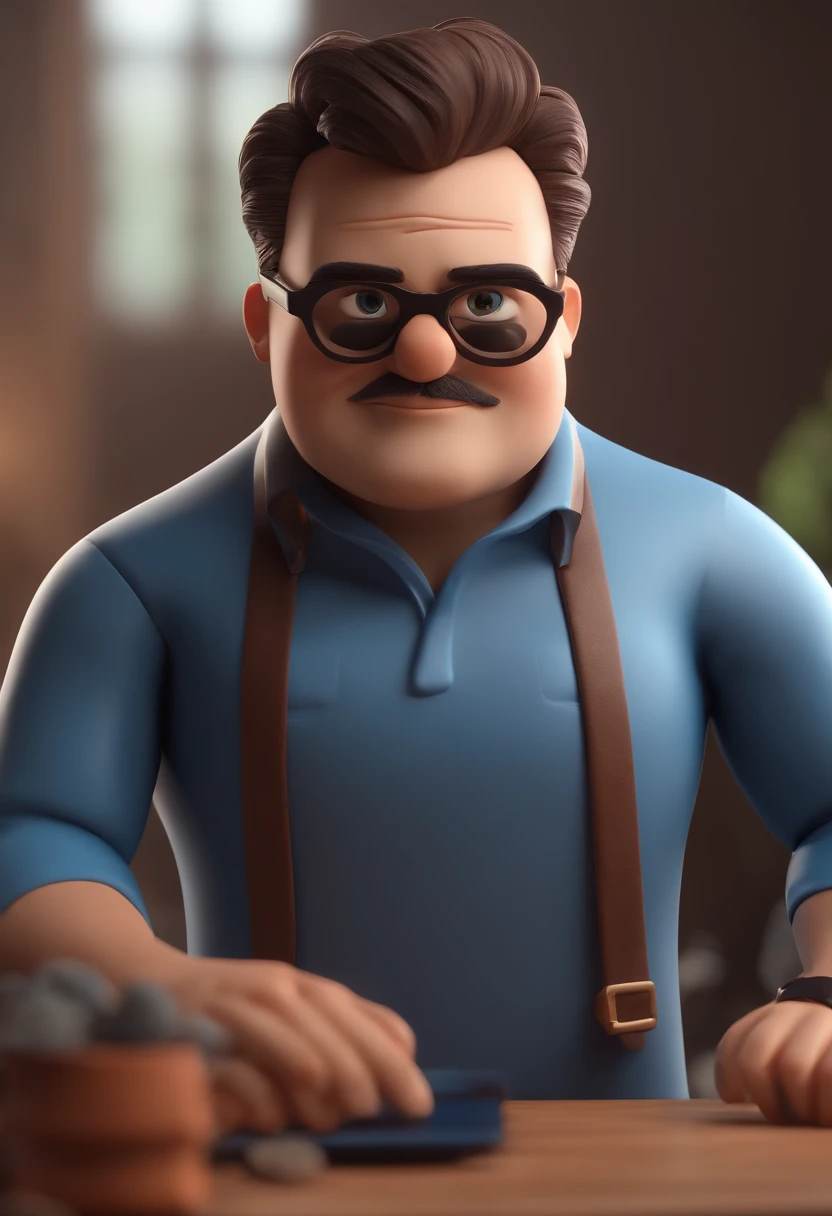 Cartoon character of a man with black glasses and a blue shirt, animation character, Caractere estilizado, animation style rendering, 3D estilizado, Arnold Maya render, 3 d render stylized, toon render keyshot, Personagem 3D, Personagem 3D, 3d rendering stylized, 3 d character render, personagem de desenho animado, Personagem de close up, Pose de personagem, (Estilo Pixar) (master part:1.2) (Bokeh) (best quality) (pele detalhada) (textura detalhada) (8k) (argila) (Cinematic lighting) (foco nítido