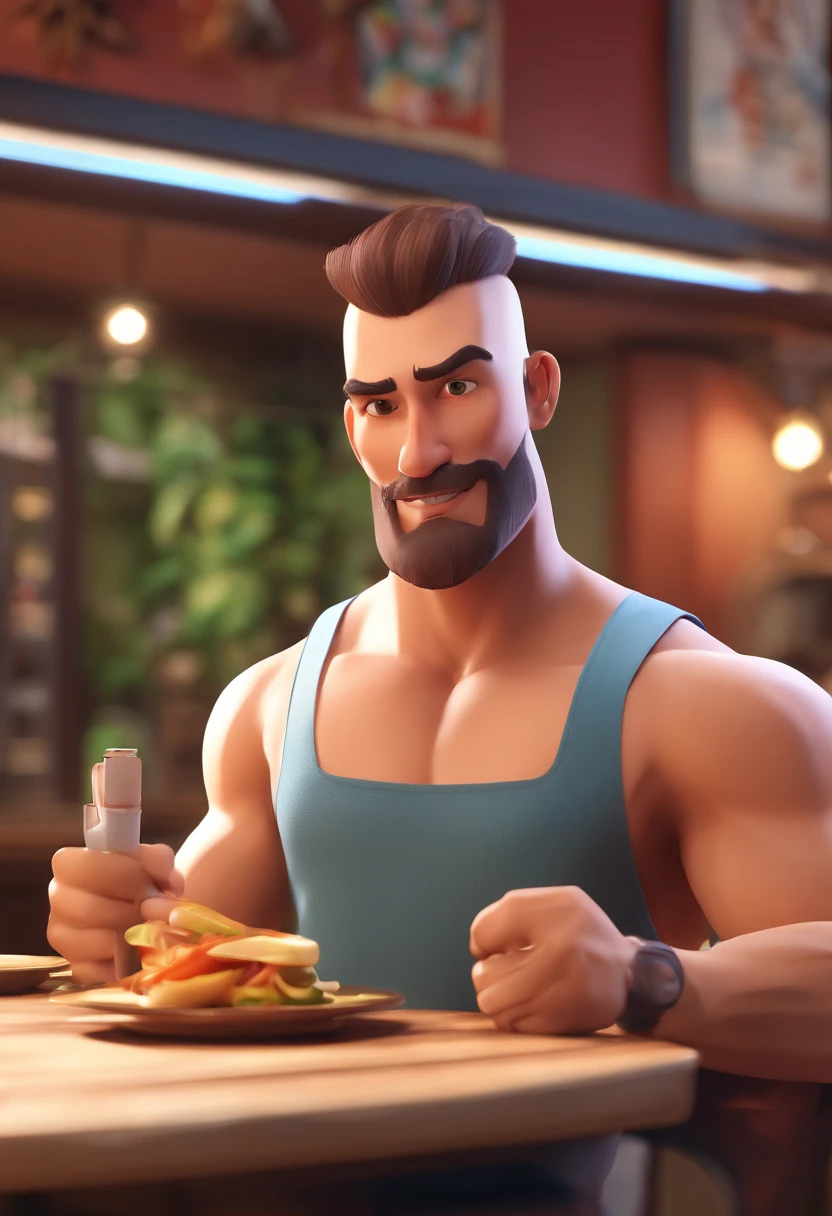 Estilo Pixar: Brown eyes muscular athletic man with cropped hair dressed 32 years old with short dark brown beard on chin worked in a Japanese restaurant Sushima