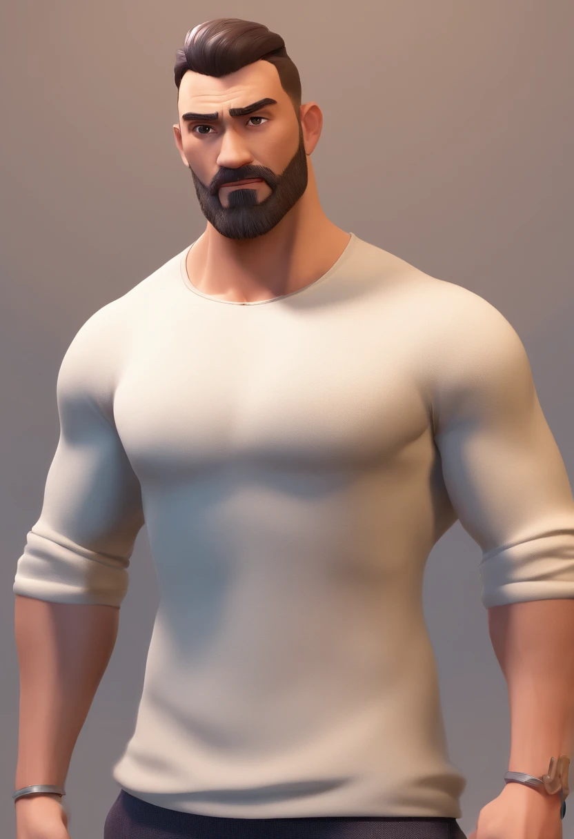Estilo Pixar: Brown eyes muscular athletic man with cropped hair dressed 32 years old with short dark brown beard on chin worked in a Japanese restaurant Sushima
