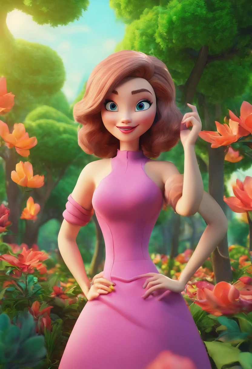 Crie um cartaz inspirado na Disney Pixar com um personagem feminino, com um manto de bruxa vermelho e preto, vestido verde, pele negra, olhos castanhos bem marcados, Lips color light pink, olhar misterioso, cores vibrantes, Nature background with a large leafy tree in the center