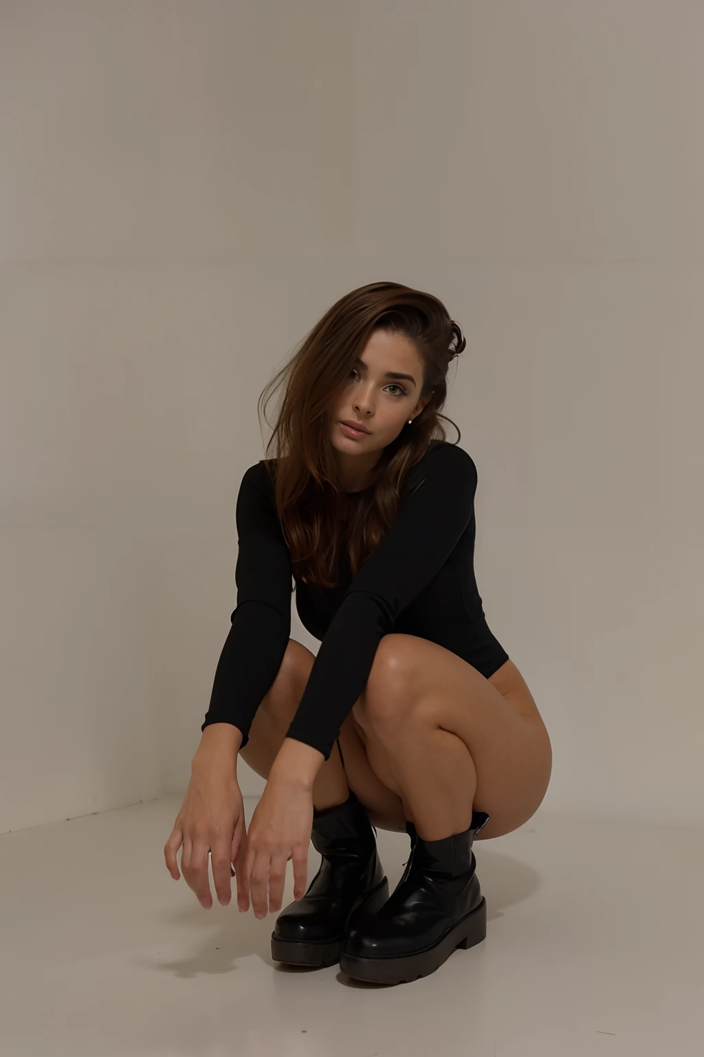 arafed woman in black shirt kneeling on white floor with black boots, portrait sophie mudd, solo photoshoot, skintight black bodysuit, wearing a black bodysuit, photo from a promo shoot, olivia culpo, promotional photoshoot, pretty face with arms and legs, photoshoot, full body photoshoot, glossy magazine photoshoot, skintight black clothes, magazine photoshoot