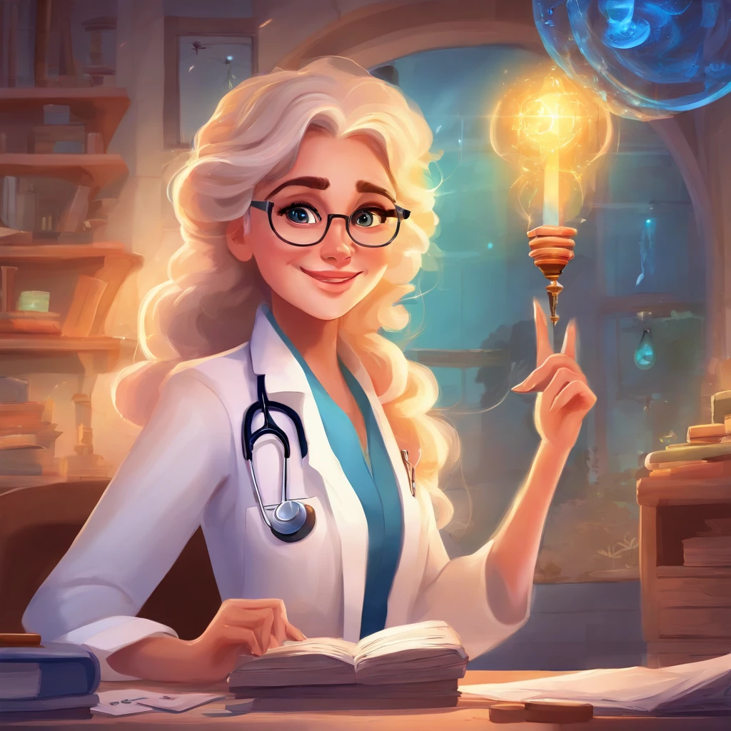 Create a poster in the style of DISNEY PIXAR 8k films, and write the Title: BRUNELLA. The setting should be a beautiful realistic doctor's office, with light colors and shades of blue, large space. The main image should be of a 30-year-old woman, a beautiful doctor, with white skin, long, straight black hair, the woman with a smile on her face, wearing glasses and dressed as a doctor. The woman must occupy up to 30% of the image, at the top must have the title with PIXAR DISNEY font and style.