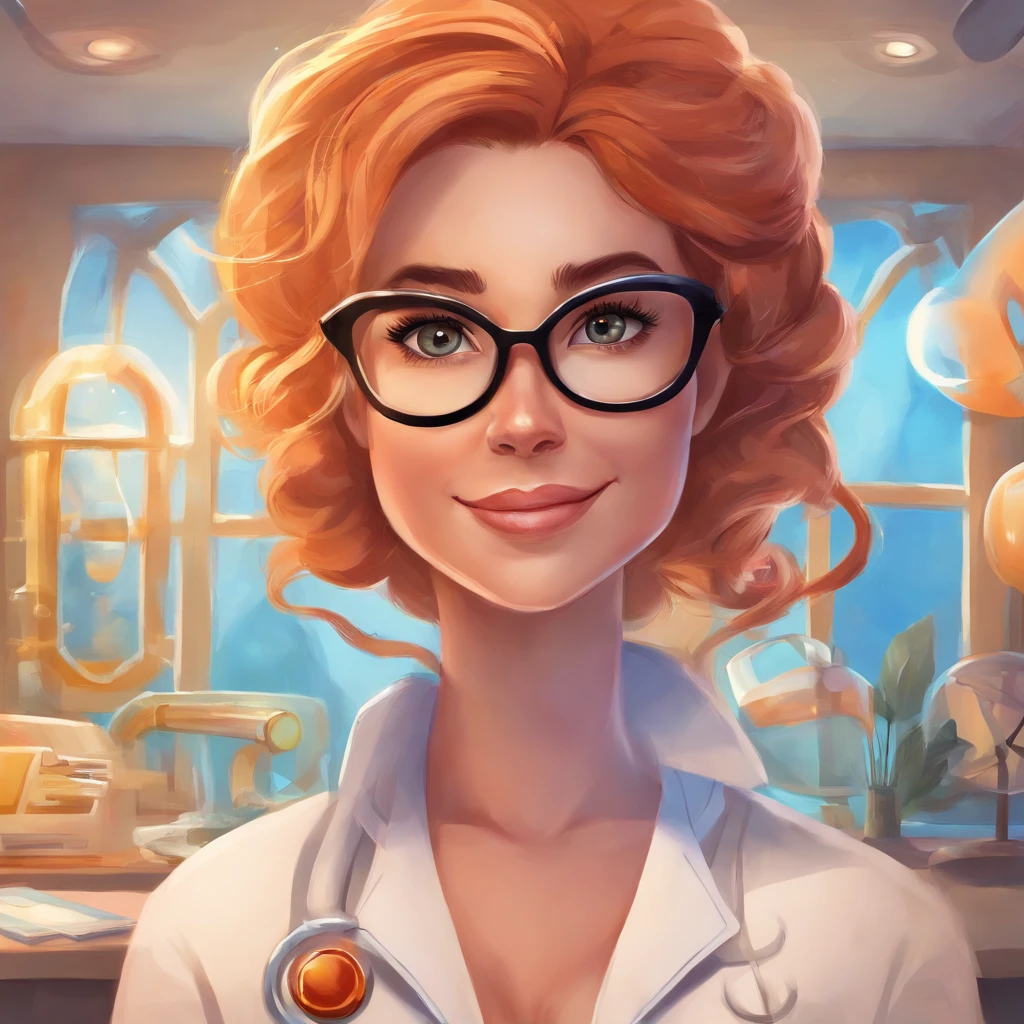 Create a poster in the style of DISNEY PIXAR 8k films, and write the Title: BRUNELLA. The setting should be a beautiful realistic doctor's office, with light colors and shades of blue, large space. The main image should be of a 30-year-old woman, a beautiful doctor, with white skin, long, straight black hair, the woman with a smile on her face, wearing glasses and dressed as a doctor. The woman must occupy up to 30% of the image, at the top must have the title with PIXAR DISNEY font and style.