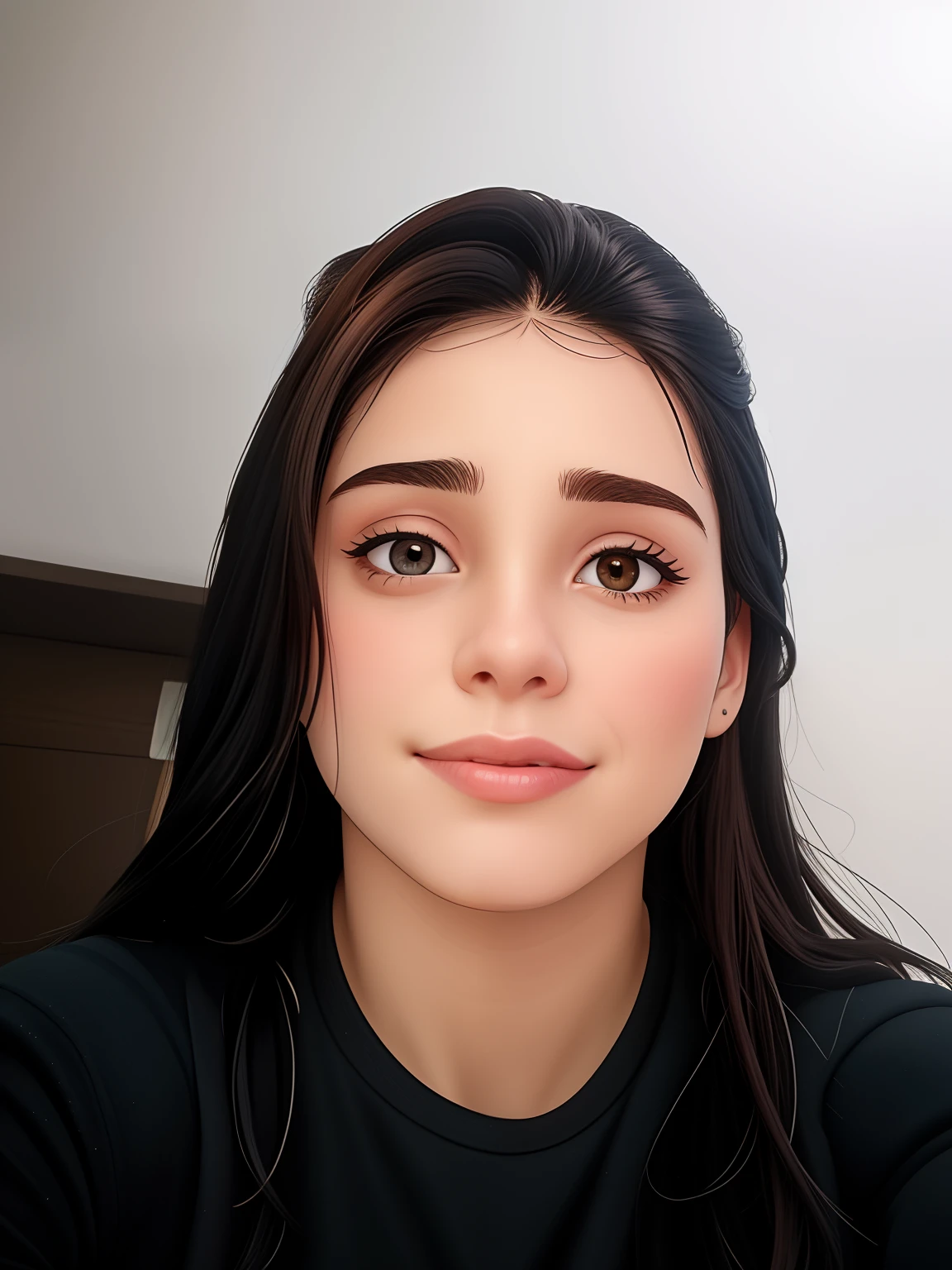Uma mulher de 23 anos, com longos cabelo preto crespo , Rosto redondo, olhos mel escuro, blusa preta