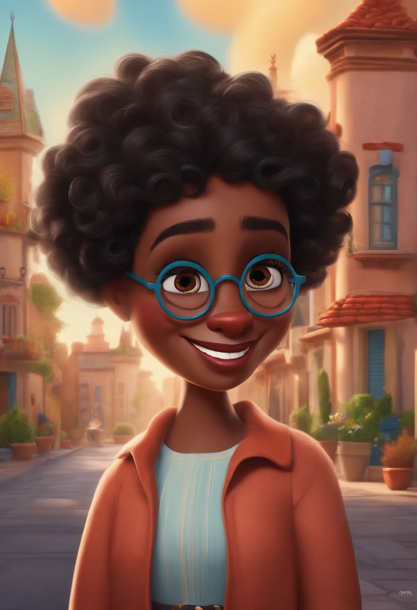 Um filme inspirado na Disney Pixar (35 YEAR OLD BLACK WOMAN WITH SHORT BLACK CURLY HAIR with thin vision glasses and round nose and white teeth) dentro A cena estar na arte distinta do estilo PIXAR, descolada e estilosa