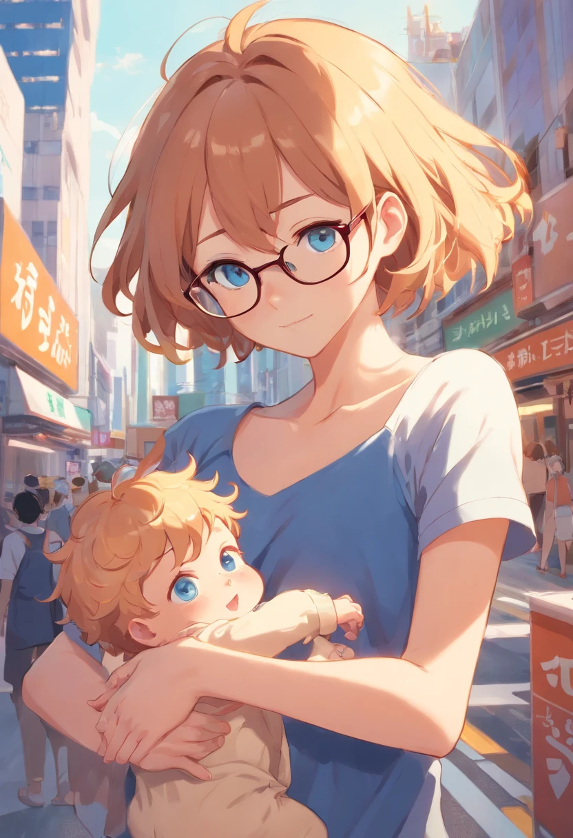 Ginger wavy short hair woman with light Brown eyes wearing glasses holding a wavy blonde hair baby boy with blue eyes