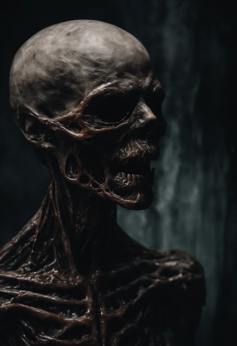 Photographic still of an alien, translucent skin, teeth dripping,, veins showing beneath it's skin, dark, onimous