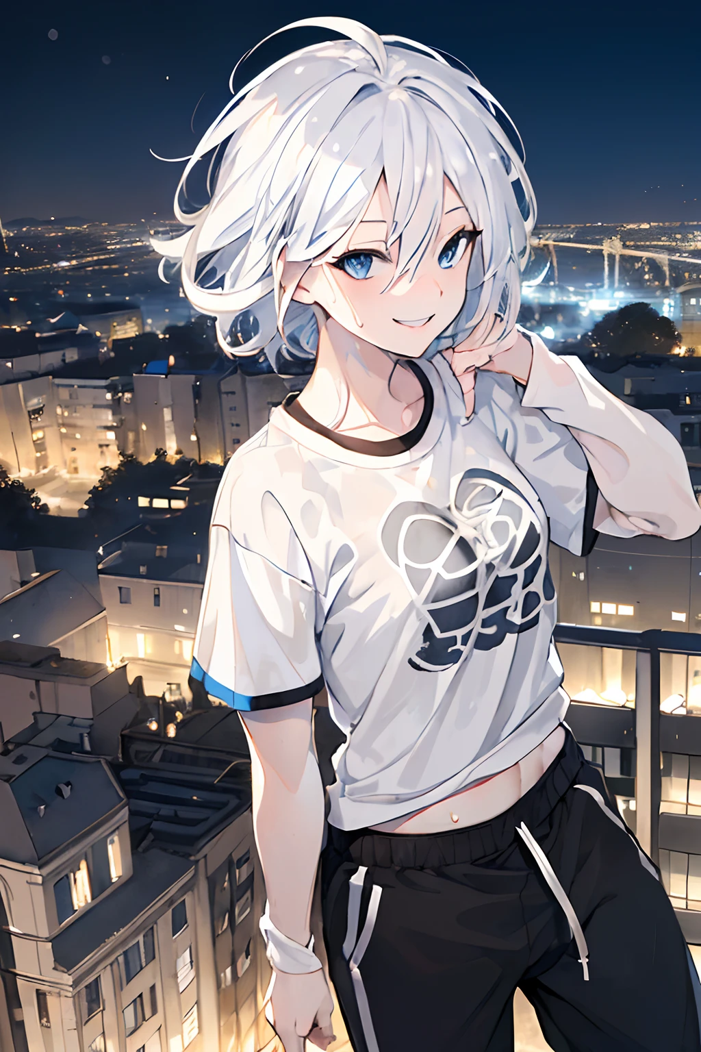 ((White messy hair,)) ((Blue eyes,)) 1 female, ((black sweatpants,)) ((smile)) portrait, ((city in background,)) hair flowing upwards, night, park, legend title "Danados", detailed 4k, dinamic light, high quality