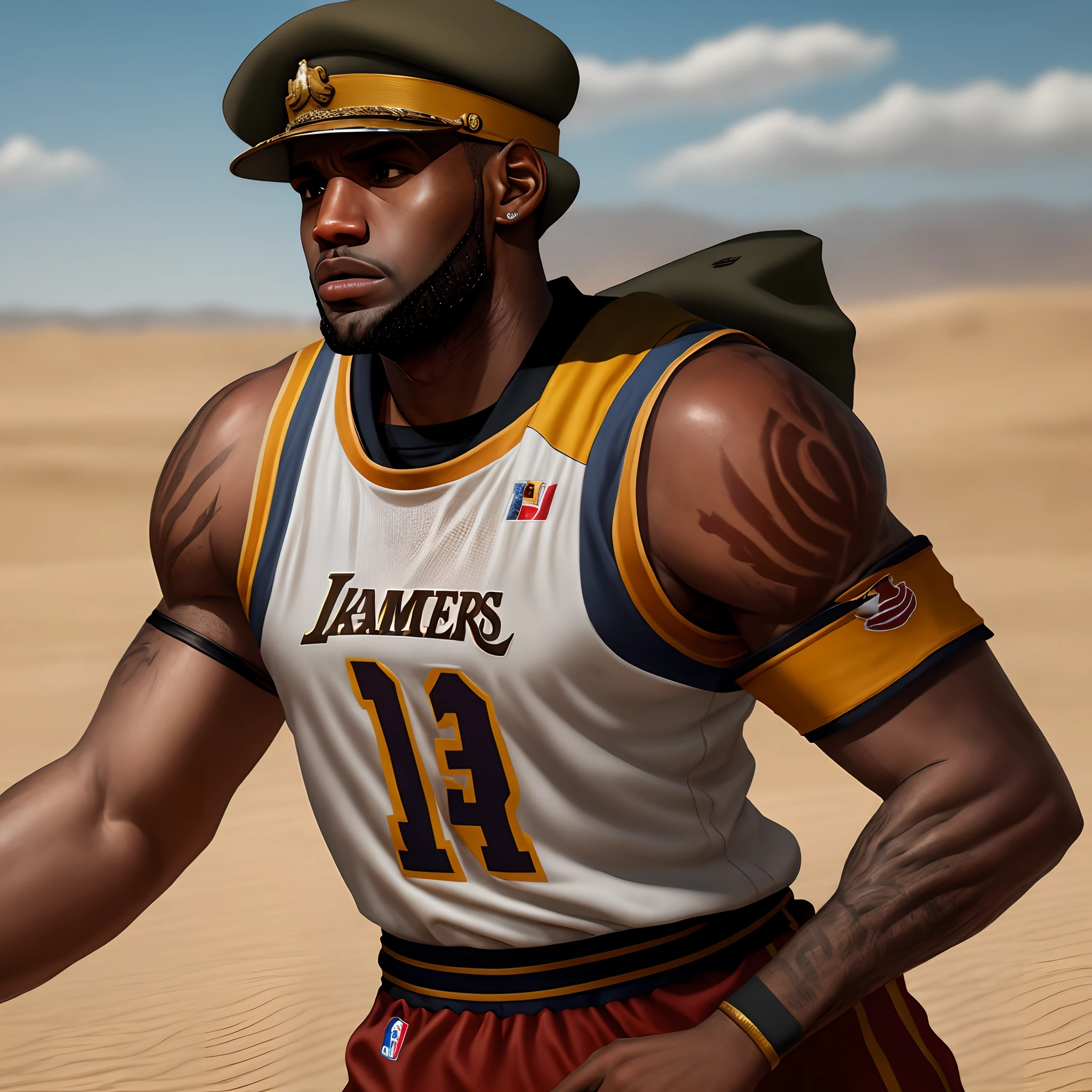 Lebron James as a war general in a desert