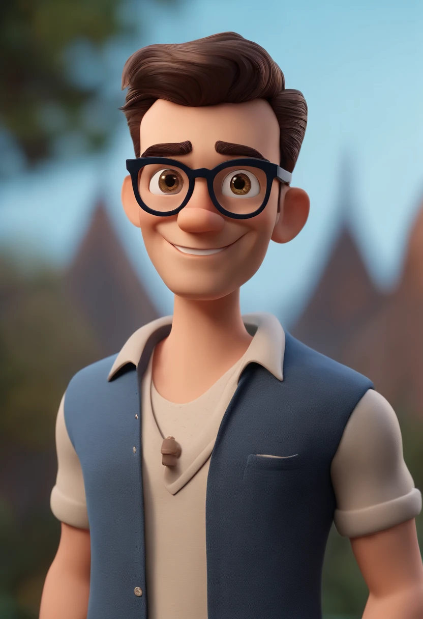 Cartoon character of a man wearing black glasses and a blue shirt, um personagem animado, Caractere estilizado, animation style rendering, 3D estilizado, Arnold Maya render, 3 d render stylized, toon render keyshot, Personagem 3D, Personagem 3D, 3d rendering stylized, 3 d character render, personagem de desenho animado, Personagem de close up, Pose de personagem, (Estilo Pixar) (master part:1.2) (Bokeh) (best quality) (pele detalhada) (textura detalhada) (8k) (argila) (Cinematic lighting) (foco nítido,Senta e vaza a parte superior do corpo