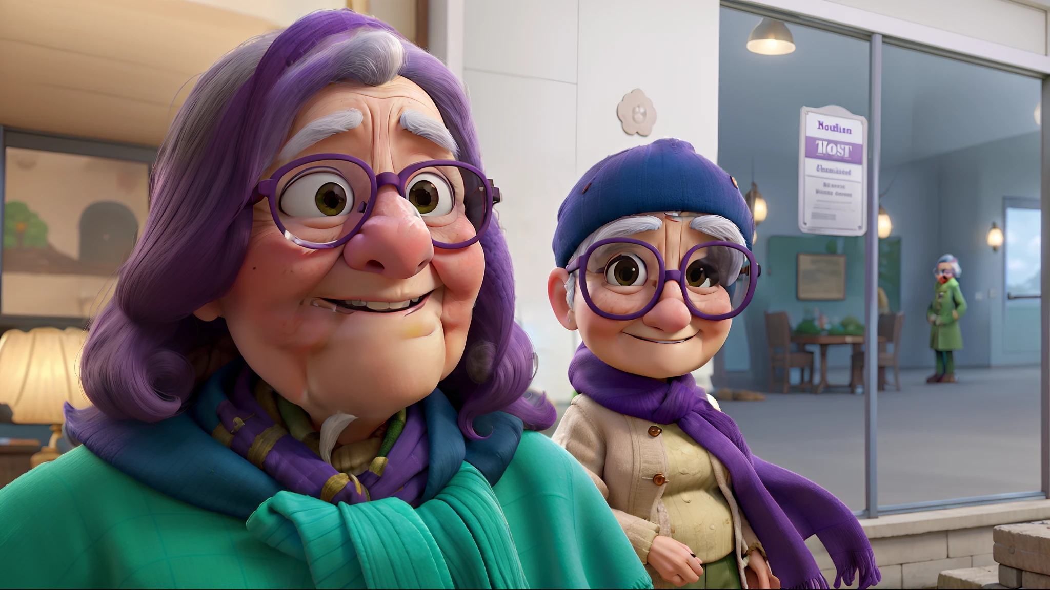 masterpiece, best quality, an old woman with glasses and a scarf on, wearing a purple coat and green scarf, standing at the park
