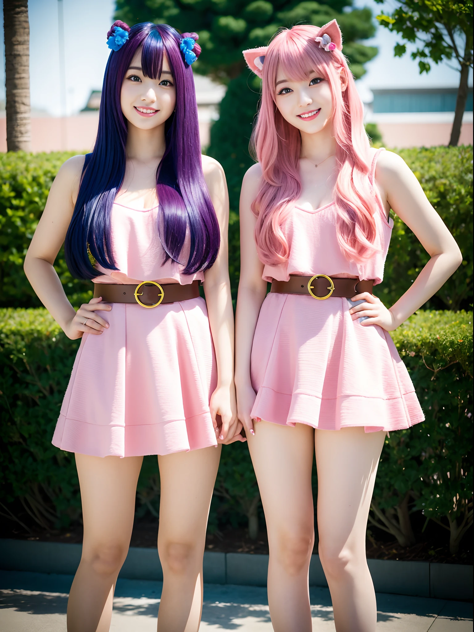 twinsies、kawaii、japanes、M-shaped legs、Big、pubick hair, Colored inner hair, makeup, Shy, blush, Smirk, depth of fields, hight resolution, Textured skin、garterbelts