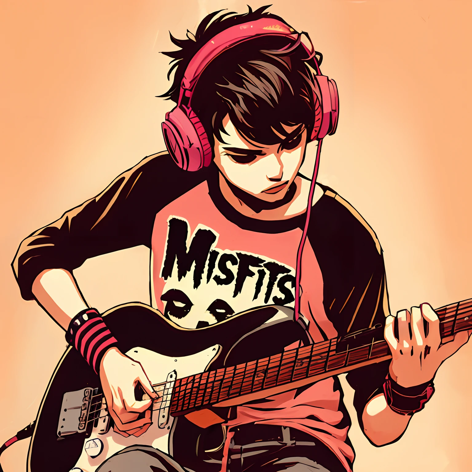 arafed image of a young man with headphones playing a guitar, pop punk art style, guitarist, jamming to music, lowres, highres, guitar solo, playing guitars, bassist, josan gonzales!!!, inspired by Tim Doyle, playing guitar, he is a rockstar, hq artwork, rock music, rock band, playing the guitar, official fanart