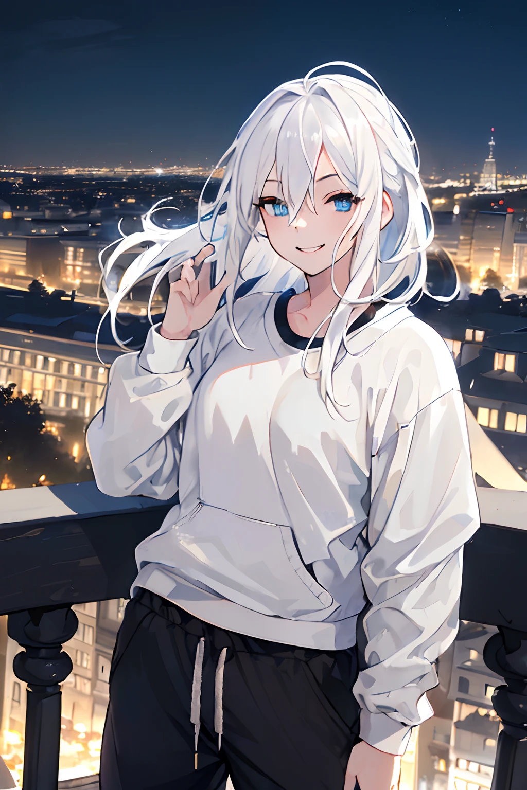 ((White messy hair,)) ((Blue eyes,)) 1 female, ((black sweatpants,)) ((smile)) portrait, ((city in background,)) hair flowing upwards, night, park, legend title "Danados", detailed 4k, dinamic light, high quality