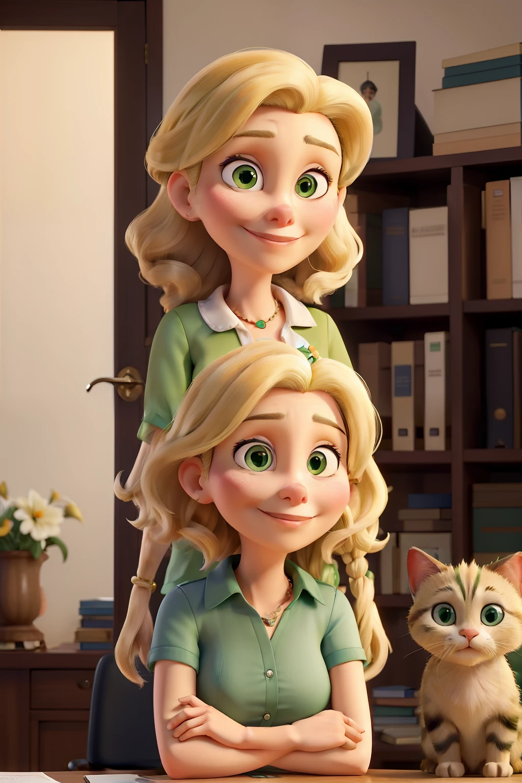 obra-prima, melhor qualidade, Portrait of mid adult successful blonde caucasian woman green eyes voluminous hair below shoulder mature looking at camera with arms crossed. Smiling human rights lawyer woman standing in new office. Portrait of mature woman next to a Siamese cat pet