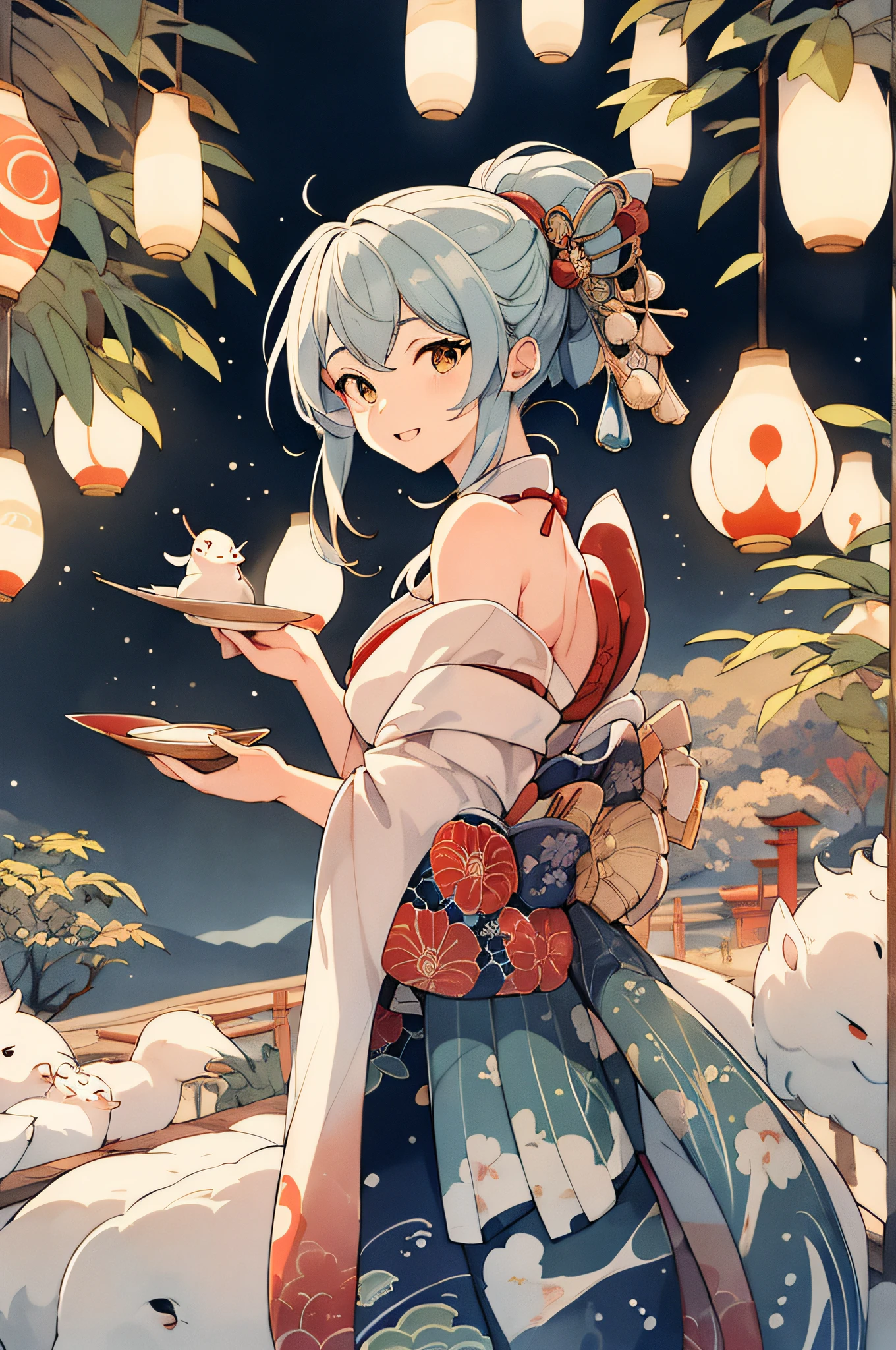 master part,best quality,ukiyo-e bonito,lua, corujas albinas nas arvores
