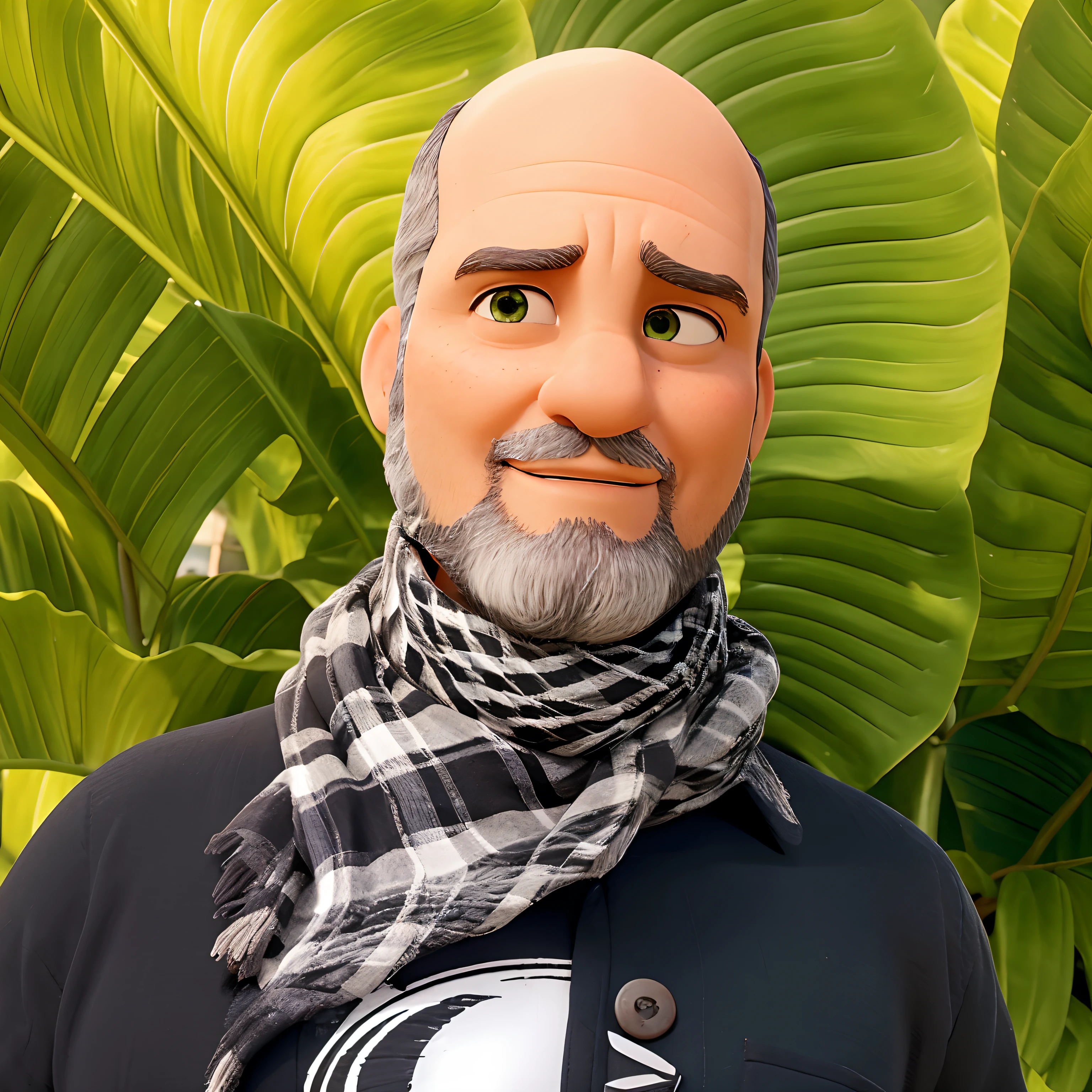 Um homem careca, tom da pele clara, 52 anos de idade, olhos verdes, wearing a black and white plaid scarf around her neck, camisa preta com desenho de caveira, Medium-sized beard in gray color, no estilo Disney Pixar, alta qualidade, melhor qualidade, highes definition, lifelike lighting.