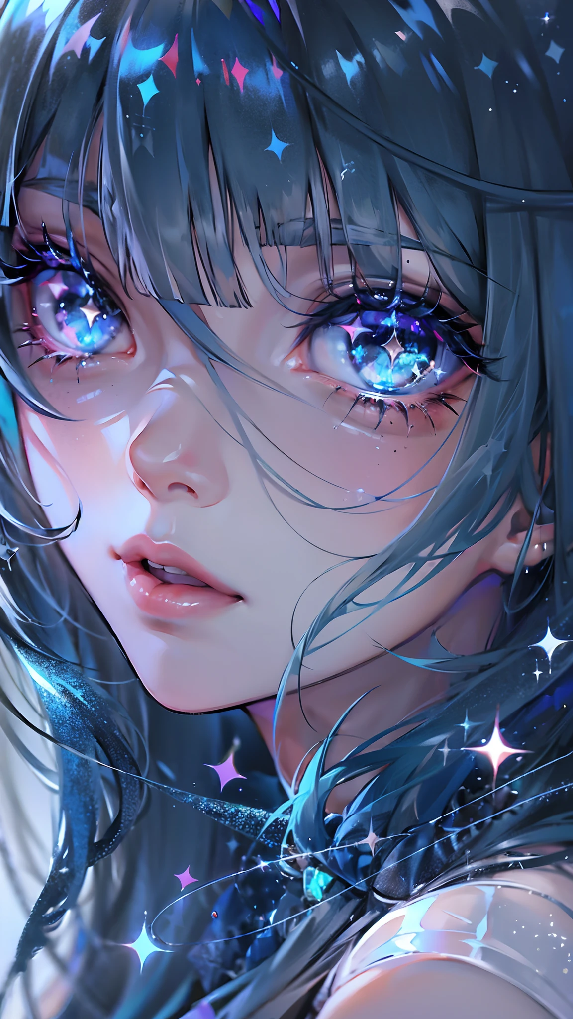 ((Beautiful blue extreme sparkle eyes with sparkle)), beautiful eyelashes, (((black blunt bangs long hair)))