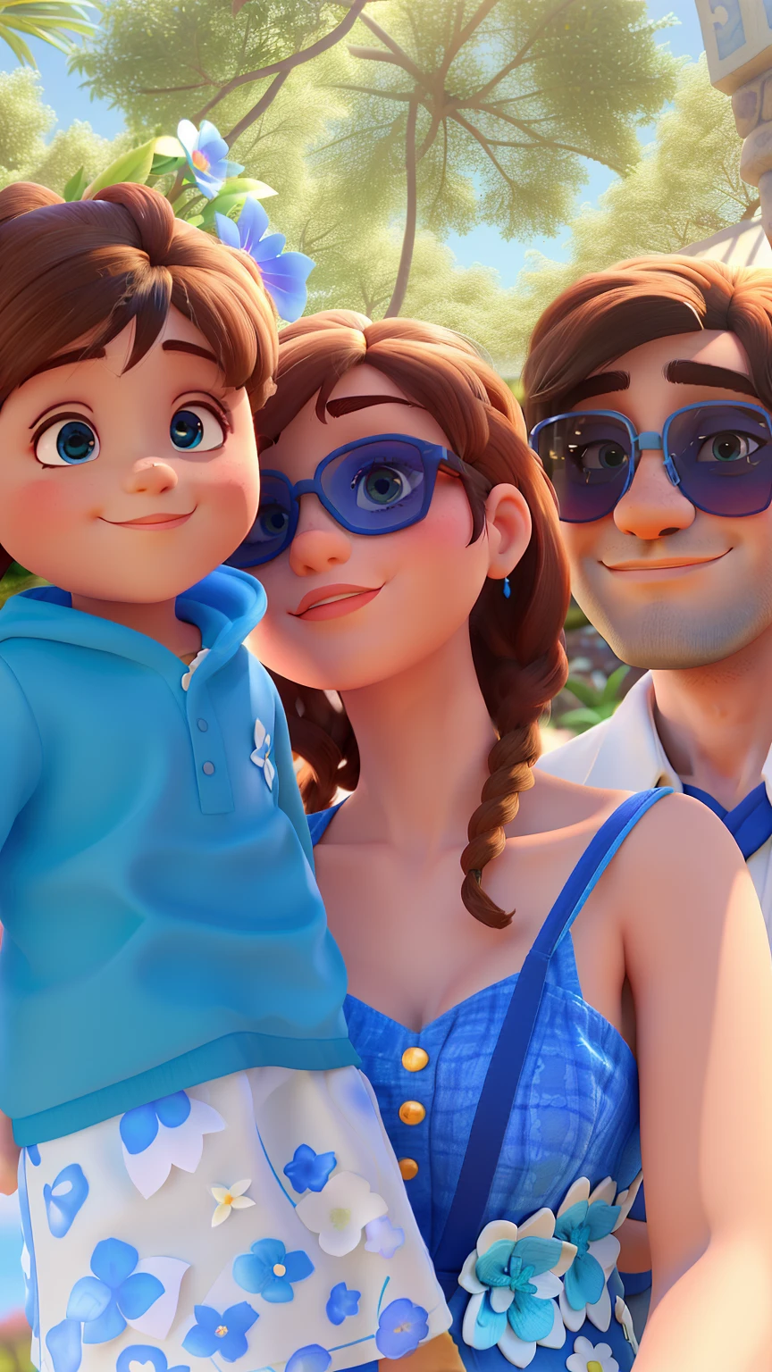 Menina de 2 anos, com vestido azul, morena. Brunette woman with sunglasses and white dress with blue flowers,homem moreno de barba e oculos de sol e um lindo Jardim no fundo da imagem