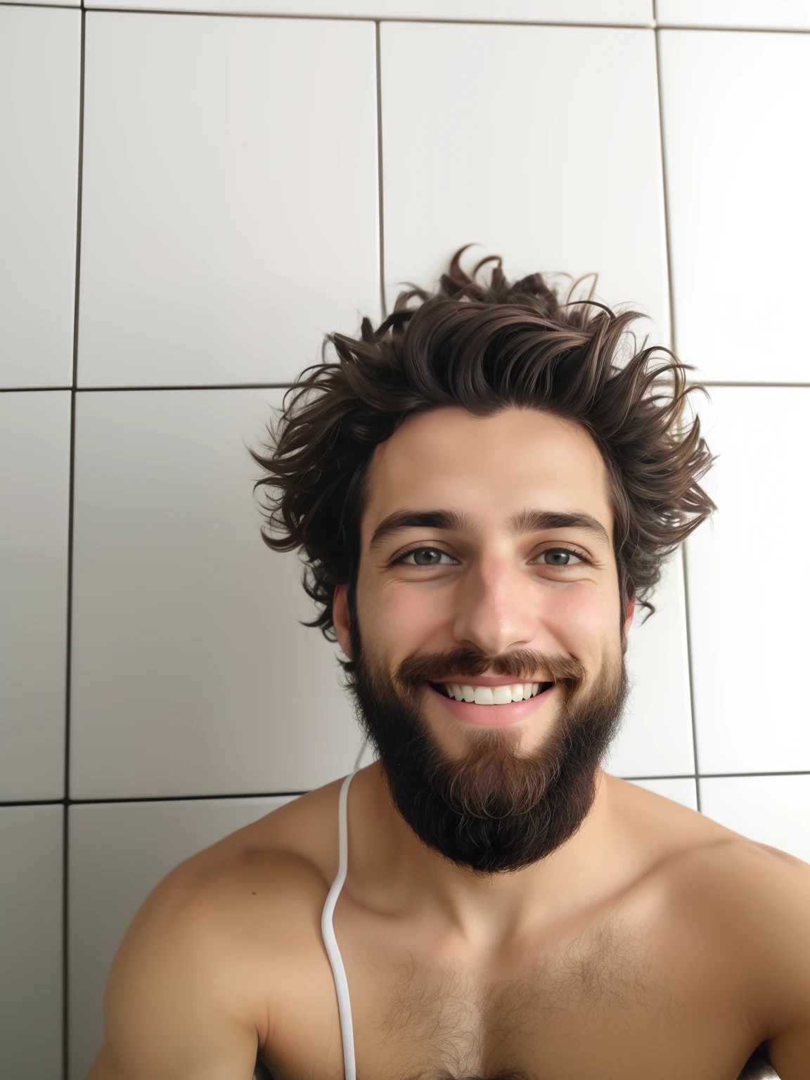 homem com barba e barba em banheiro, Selfie de um homem, Selfie!!!!! de um homem, sorrindo de cima, Fotografia Selfie 8k, his hair is messy and wild, messy beard, relaxing and smiling at camera, happily smiling at the camera, her hair is messy and unkempt, foto Selfie, com fones de ouvido