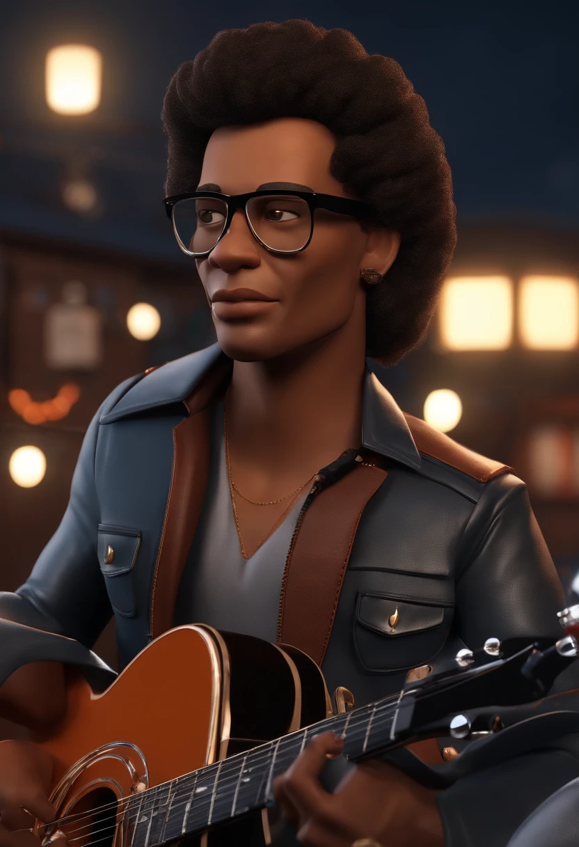personagem dos desenhos animados com um casal animado, estilo rock'n' roll , On a stage with lights behind with a woman wearing glasses ,with features of Brazilian and gypsy with brown skin with long light brown hair, segurando um microfone e cantando, wearing a black jacket and jeans and a man with Brazilian features wearing glasses, de pele branca com cabelo medio e ondulado, barba, com 90 kilos, Wearing a black t-shirt and jeans and playing a red Gibson Lespaul style semi acoustic electric guitar, animation character, Caractere estilizado, animation style rendering, 3D estilizado, Arnold Maya render, 3 d render stylized, toon render keyshot, Personagem 3D, Personagem 3D, 3d rendering stylized, 3 d character render, personagem de desenho animado, Personagem de close up, Pose de personagem, (Estilo Pixar) (master part:1.2) (Bokeh) (best quality) (pele detalhada) (textura detalhada) (8k) (argila) (Cinematic lighting) (foco nítido