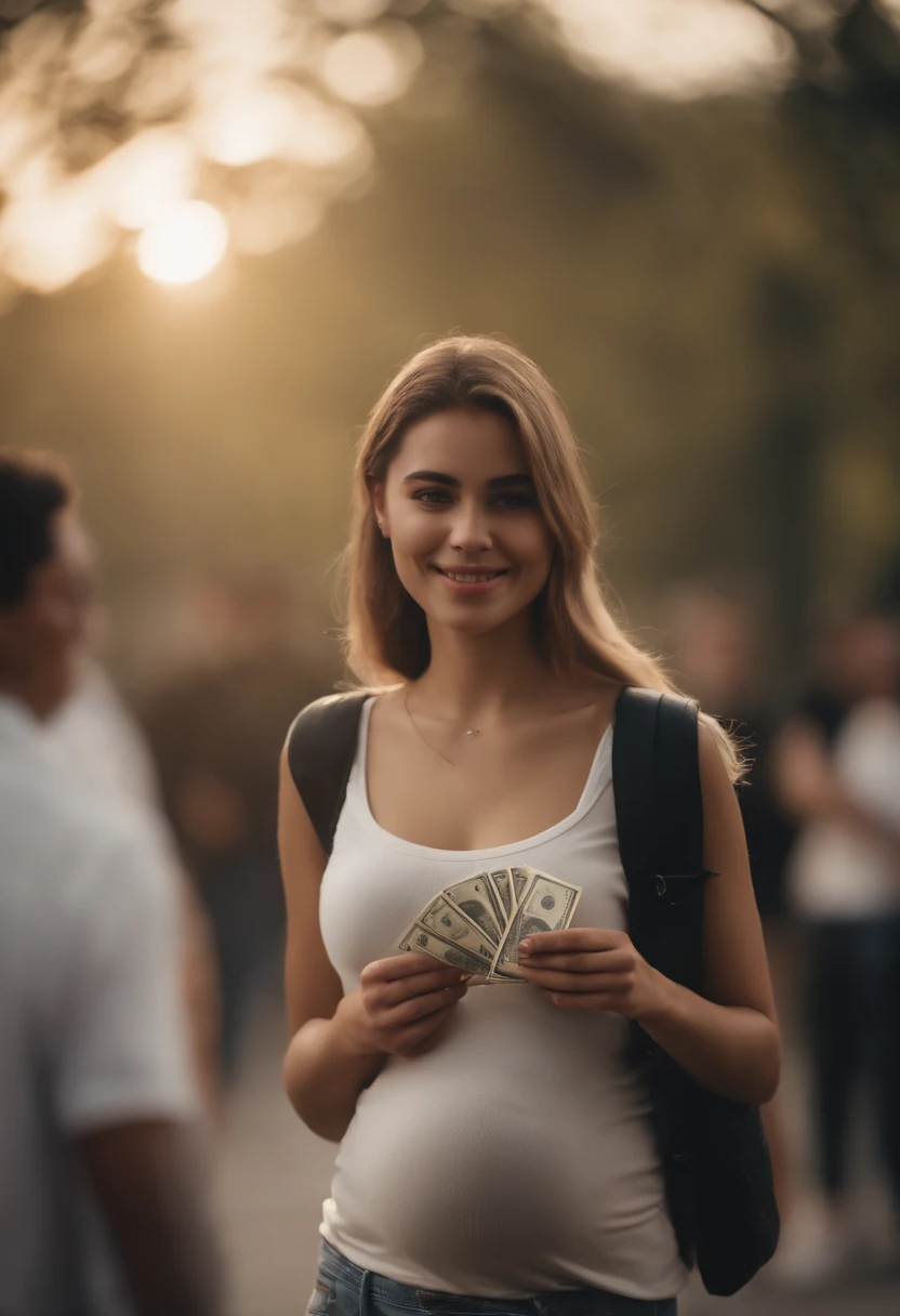 (best quality,4k,realistic:1.2),1girl,17 year old girl,7 months pregnant,walks looking down,sad expression,holding some paper money,crop top,hotpants,several men looked on,laughing