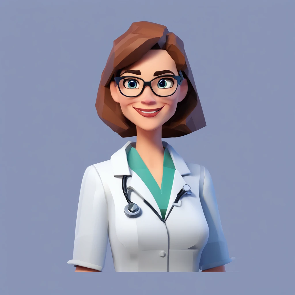 Create a poster in the style of DISNEY PIXAR 8k films, and write the Title: BRUNELLA. The setting should be a beautiful realistic doctor's office, with light colors and shades of blue, large space. The main image should be of a 30-year-old woman, a beautiful doctor, with white skin, long, straight black hair, the woman with a smile on her face, wearing glasses and dressed as a doctor. The woman must occupy up to 30% of the image, at the top must have the title with PIXAR DISNEY font and style.