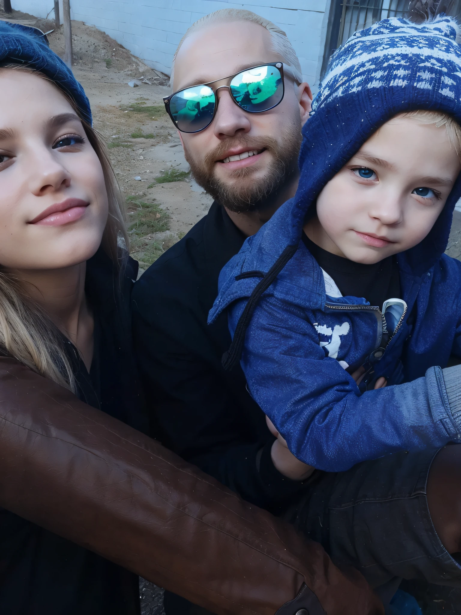 white woman, blonde hair, brown eyes, white man, shaved hair, with beard, sunglasses, child a boy in a beanie and blue coat