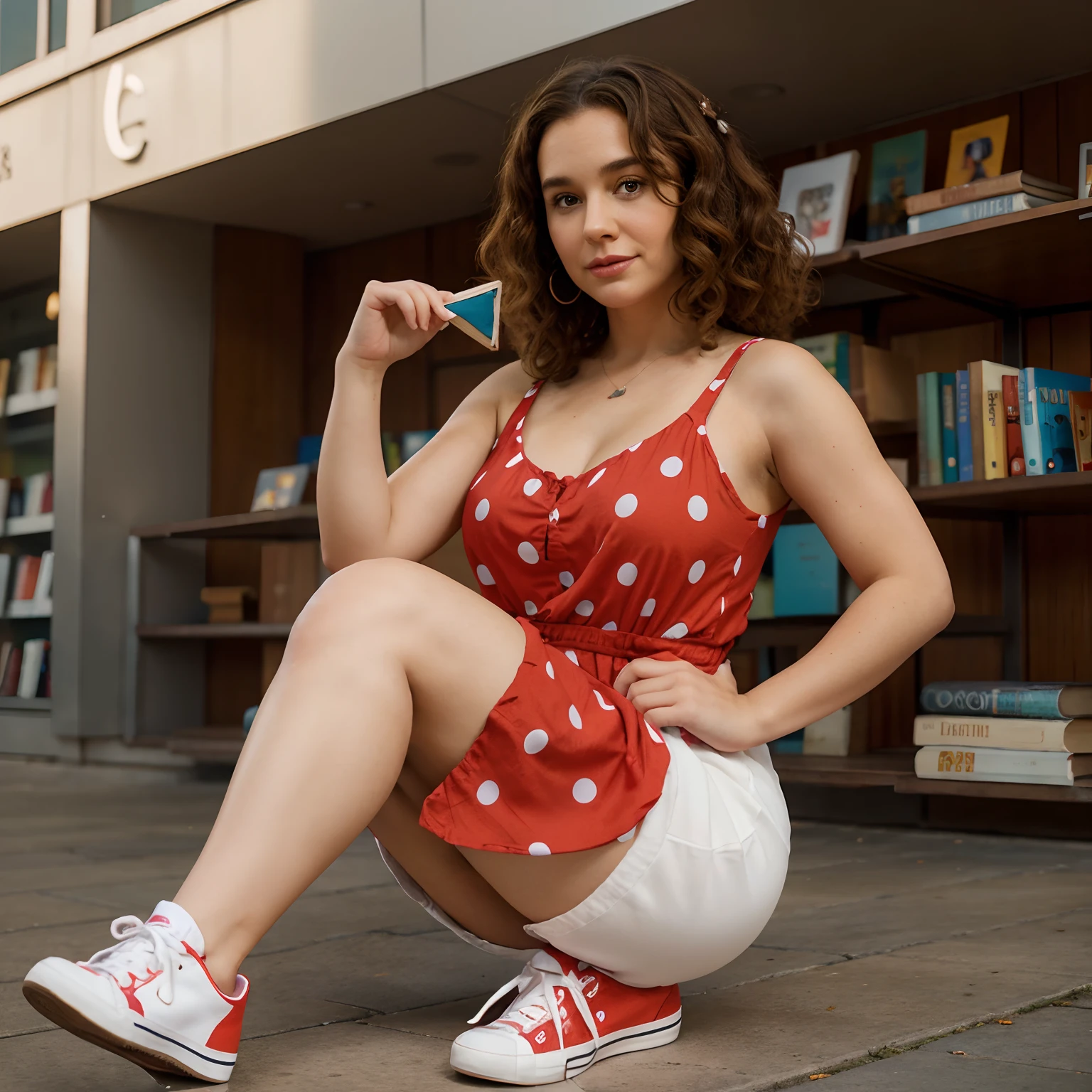 Create a pixar-style character of a thirty-year-old woman with brown curly hair, high cheekbones, short stature, thick thighs, who likes books, wears a red dress with white polka dots and white sneakers.