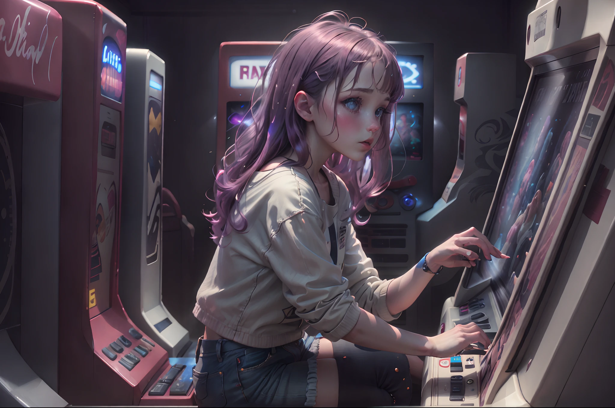 Girl playing at an arcade machine from the 80's