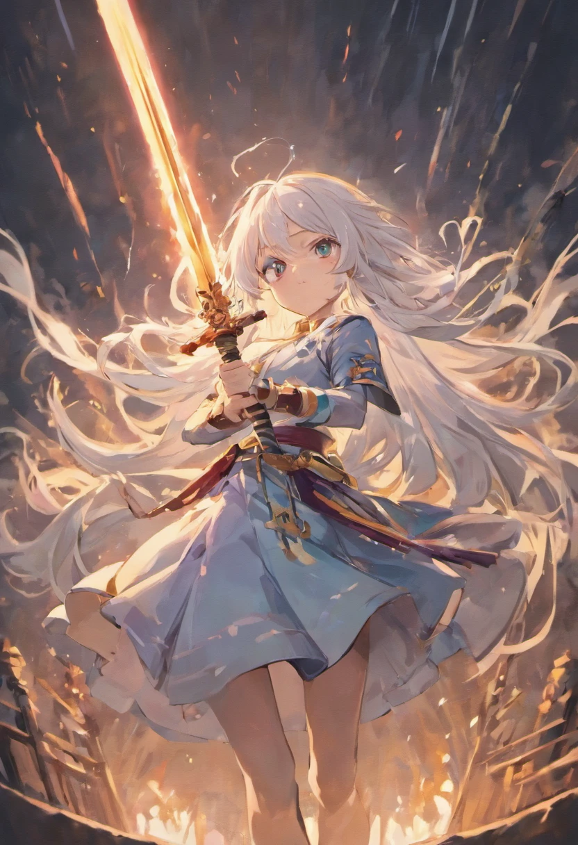 1girl, white silver hair, short hair, big breasts, thicc thighs, realistic sword, holding up sword. Red tank top, blue short jeans, Blue eyes, shiny skin, shiny hair. Shiny sword, Amountains behind, sun in background