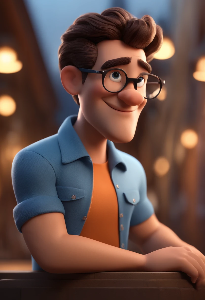 Cartoon character of a man with black glasses and a blue shirt, animation character, Caractere estilizado, animation style rendering, 3D estilizado, Arnold Maya render, 3 d render stylized, toon render keyshot, Personagem 3D, Personagem 3D, 3d rendering stylized, 3 d character render, personagem de desenho animado, Personagem de close up, Pose de personagem,  (Estilo Pixar) (master part:1.2) (Bokeh) (best quality) (pele detalhada) (textura detalhada) (8k) (argila) (Cinematic lighting) (foco nítido