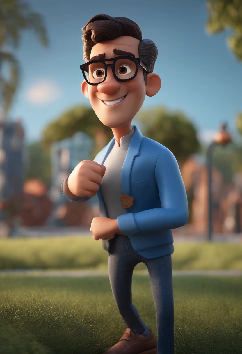 Cartoon character of a man with black glasses and a blue shirt, animation character, Caractere estilizado, animation style rendering, 3D estilizado, Arnold Maya render, 3 d render stylized, toon render keyshot, Personagem 3D, Personagem 3D, 3d rendering stylized, 3 d character render, personagem de desenho animado, Personagem de close up, Pose de personagem, (Estilo Pixar) (master part:1.2) (Bokeh) (best quality) (pele detalhada) (textura detalhada) (8k) (argila) (Cinematic lighting) (foco nítido