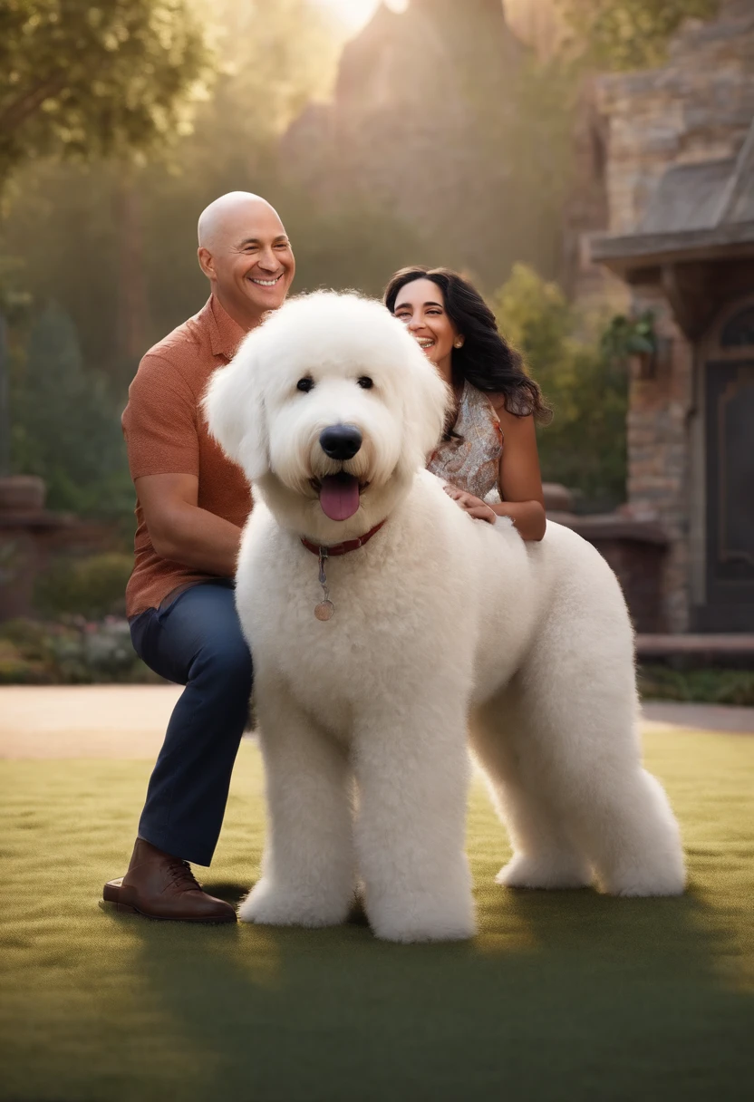 pixar. Couple with a large white pyredoodle and smaller grey doodle. They are both smiling and 40 years old, he is tall, bald. She is short with black hair