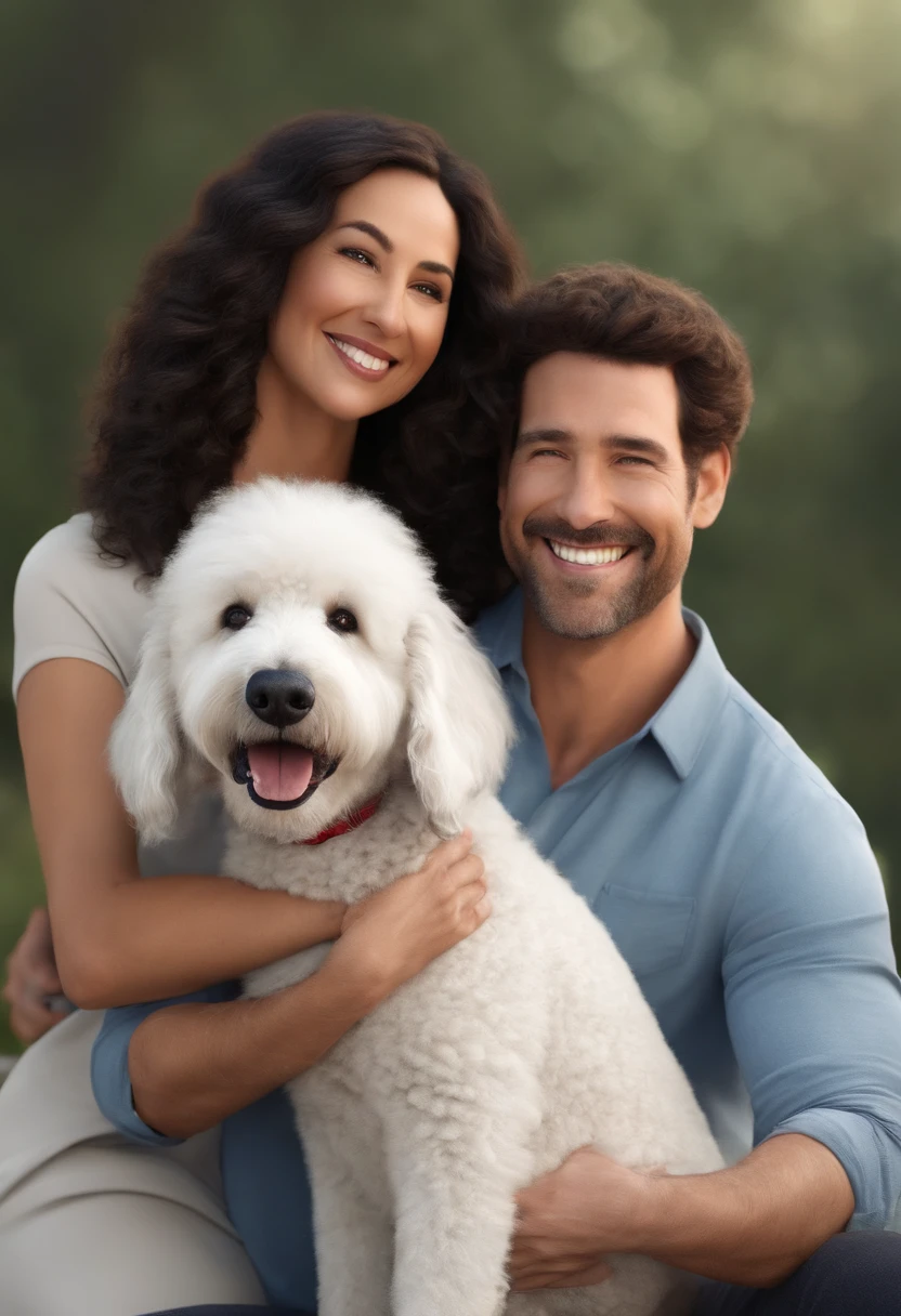 Drawing of a Brazilian couple, the two whites with black hair, she wearing glasses and he without glasses, the two sitting and a big white dog with a brown spot on her face
