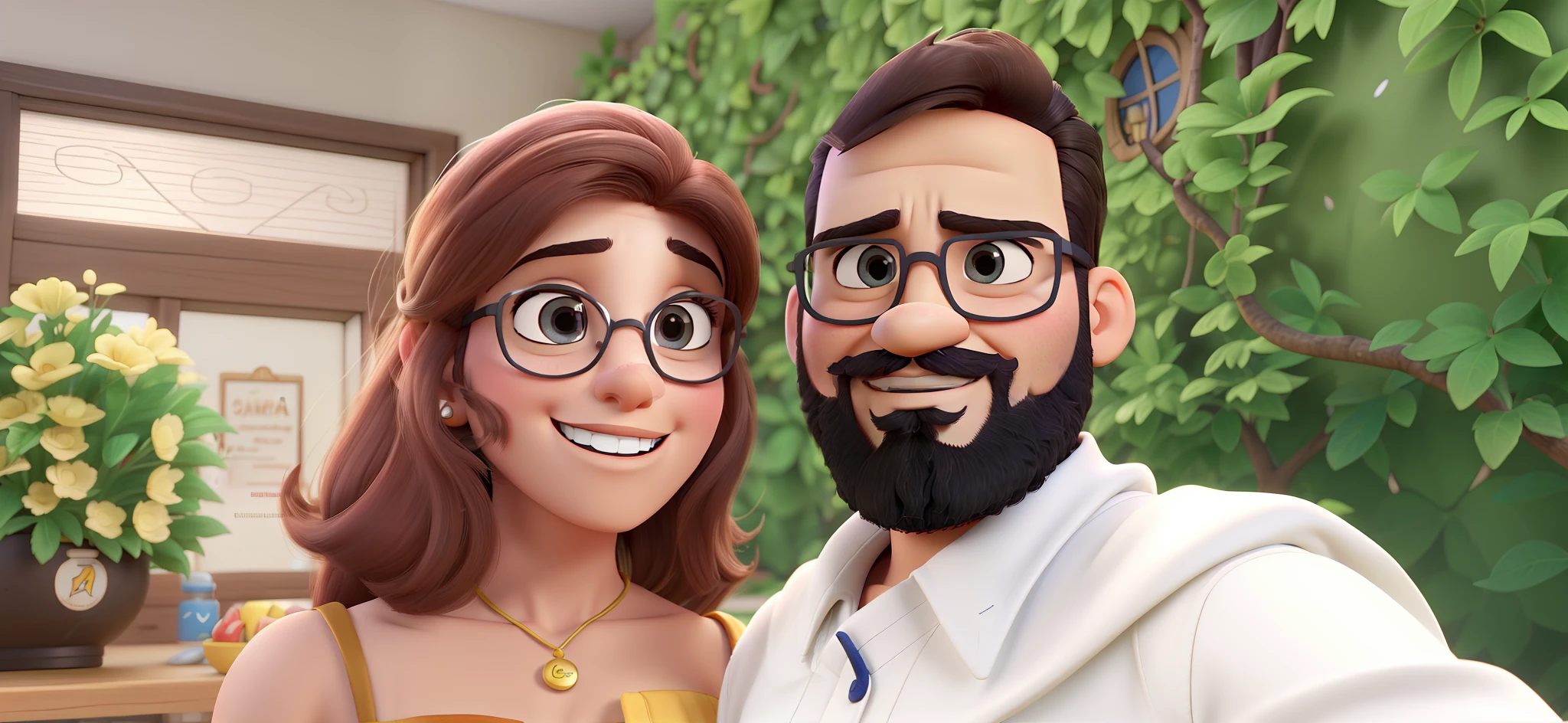 casal homem com barba e cabelo curto e mulher com cabelo  loiro e com batom vermelho no estilo Disney Pixar, alta qualidade, melhor qualidade