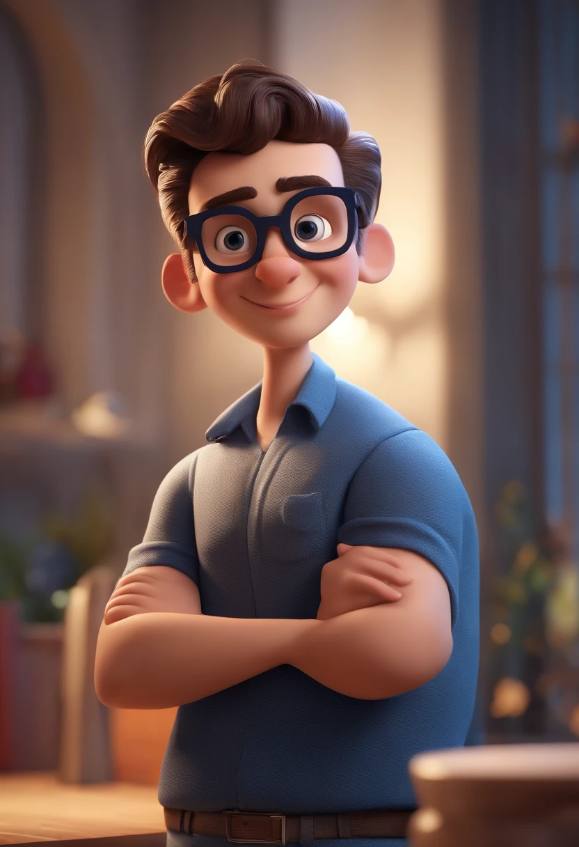 Cartoon character of a man with black glasses and a blue shirt, animation character, Caractere estilizado, animation style rendering, 3D estilizado, Arnold Maya render, 3 d render stylized, toon render keyshot, Personagem 3D, Personagem 3D, 3d rendering stylized, 3 d character render, personagem de desenho animado, Personagem de close up, Pose de personagem,  (Estilo Pixar) (master part:1.2) (Bokeh) (best quality) (pele detalhada) (textura detalhada) (8k) (argila) (Cinematic lighting) (foco nítido