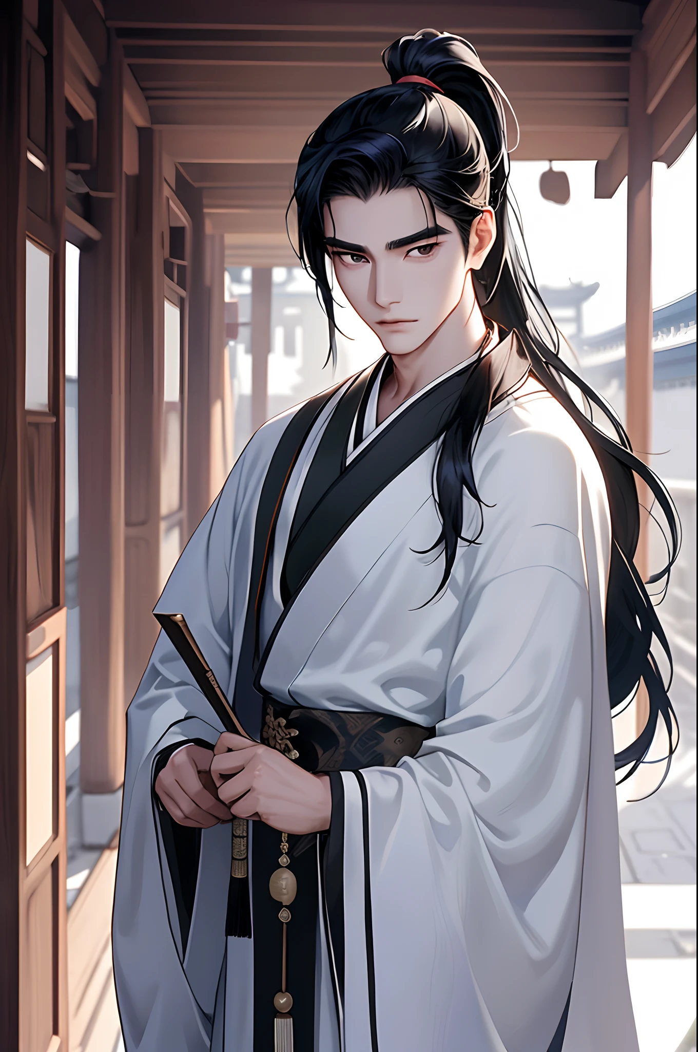 An ancient Chinese boy，Handsome，The upper part of the body，cabelos preto e longos，High ponytail，Wear a Hanfu robe，In the quaint courtyard，The best light，The best shadow，Look at the audience head-on，详细的脸，Adonis，