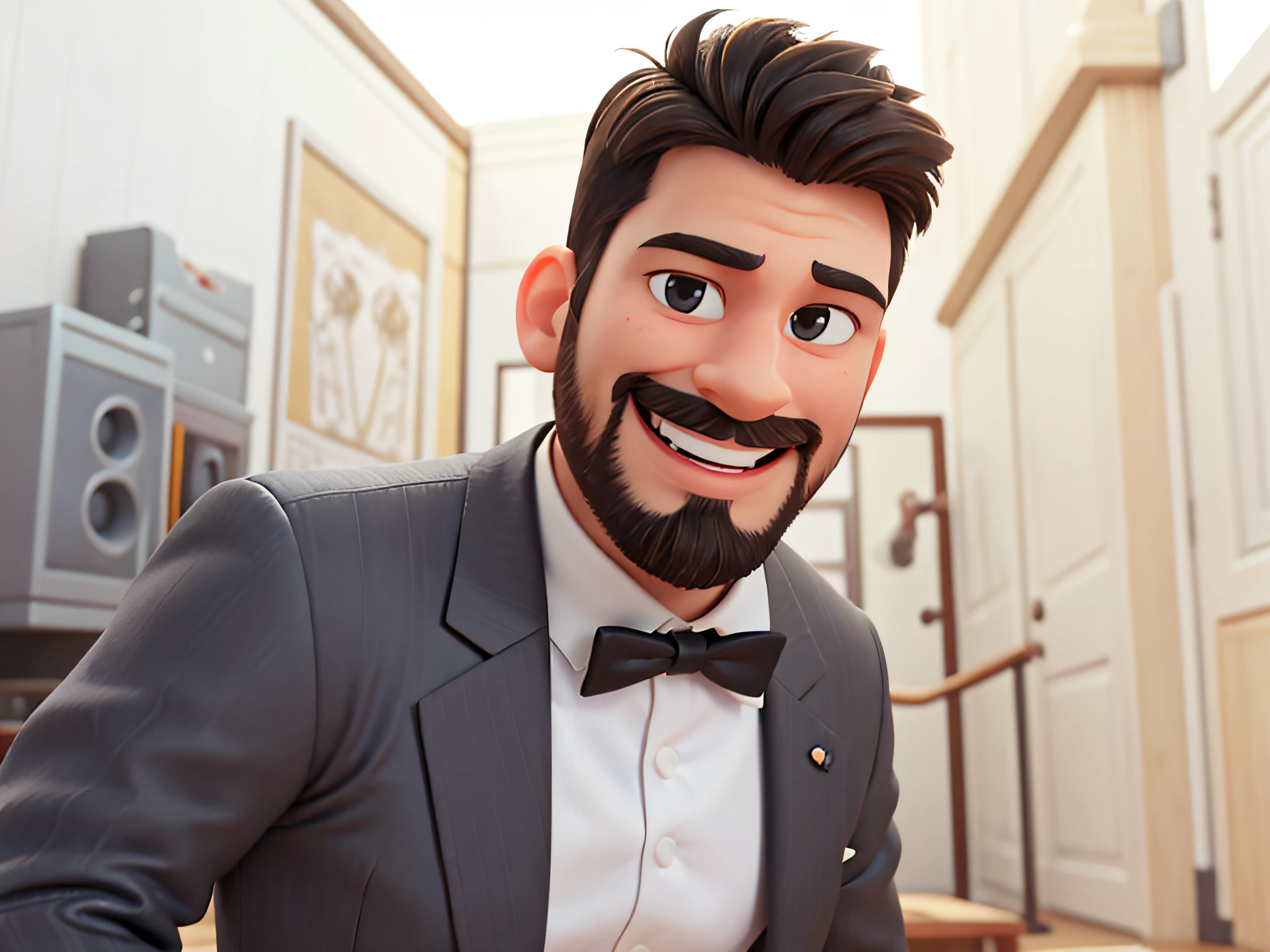 3d poster inspired by disney pixar of a 30 year old man with short hair, short beard and black eyes smiling in a white shirt with a black suit
