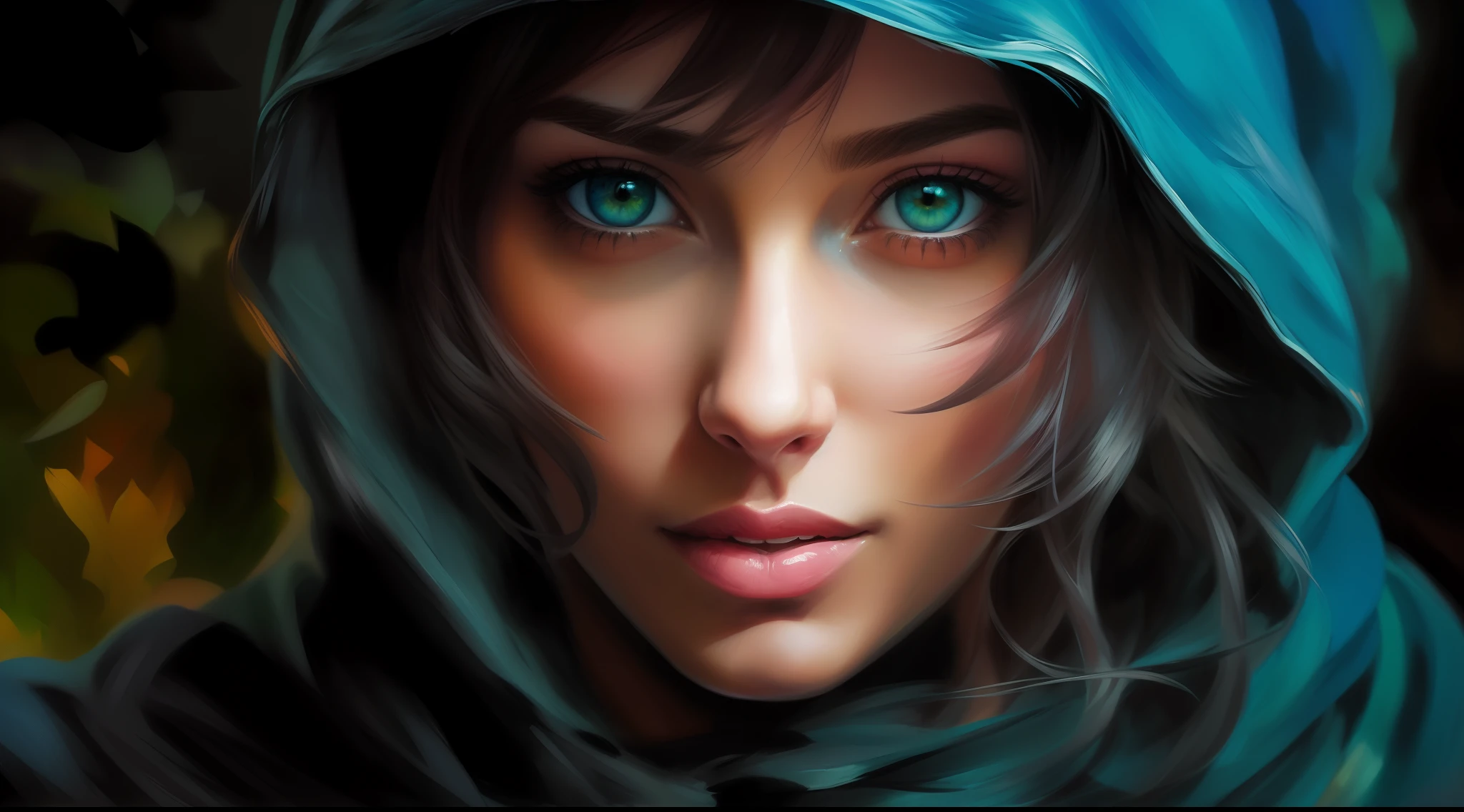 A closeup of a woman with a hood on her head, epic RPG portrait, Pintado por Andreas Rocha, RPG_retrato, epic fantasy art portrait, pintura de personagem bonita, pintura digital realista, pintura de fantasia realista, arte do retrato da fantasia, arte de fantasia hiperrealista, retrato de arte conceito de fantasia, arte da pintura digital, arte digital altamente realista, retrato da arte da fantasia