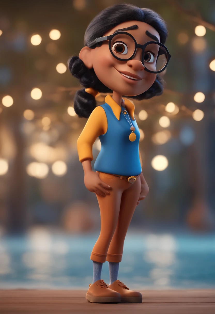Cartoon character of a woman with black glasses and a blue shirt, animation character, Caractere estilizado, animation style rendering, 3D estilizado, Arnold Maya render, 3 d render stylized, toon render keyshot, Personagem 3D, Personagem 3D, 3d rendering stylized, 3 d character render, personagem de desenho animado, Personagem de close up, Pose de personagem,  (Estilo Pixar) (master part:1.2) (Bokeh) (best quality) (pele detalhada) (textura detalhada) (8k) (argila) (Cinematic lighting) (foco nítido